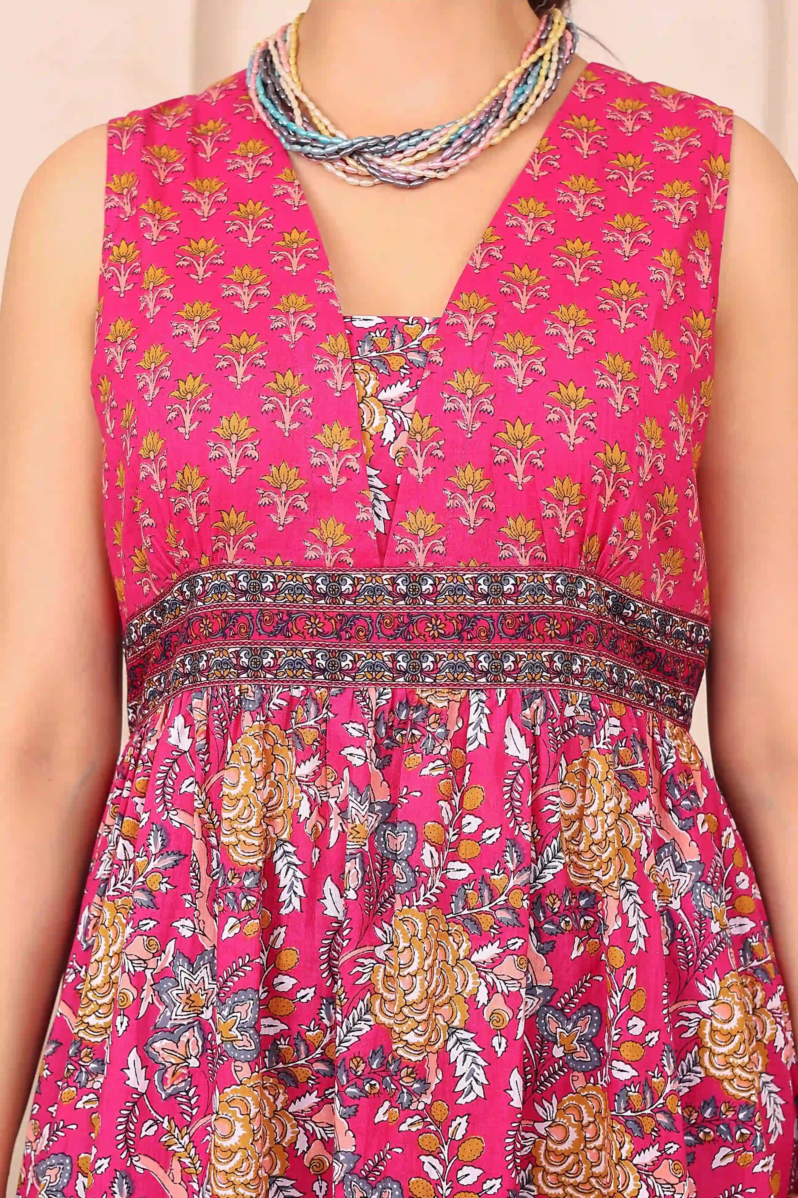 Dark Pink Floral Hand Printed Cotton Sleeveless Dress