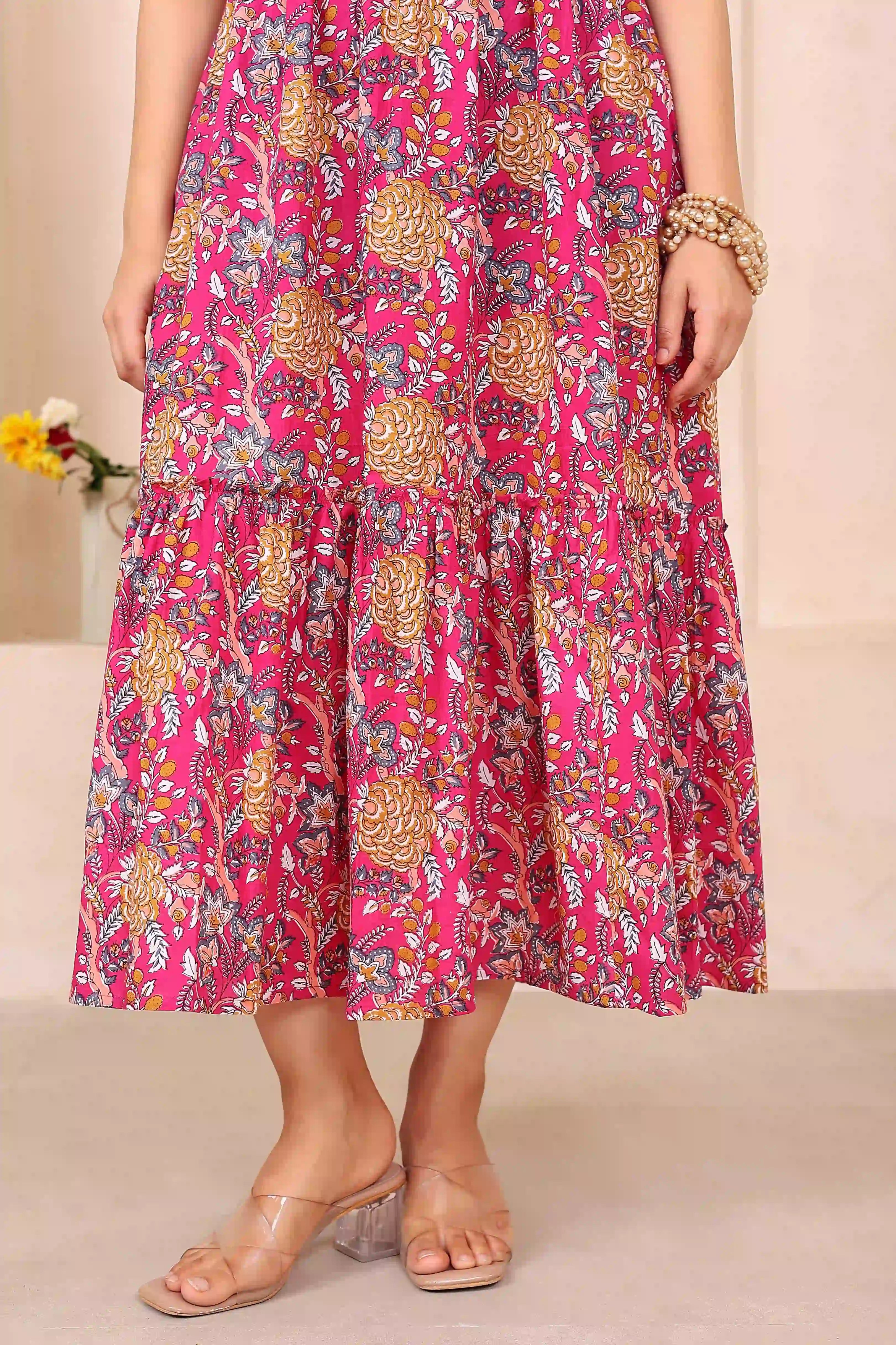 Dark Pink Floral Hand Printed Cotton Sleeveless Dress