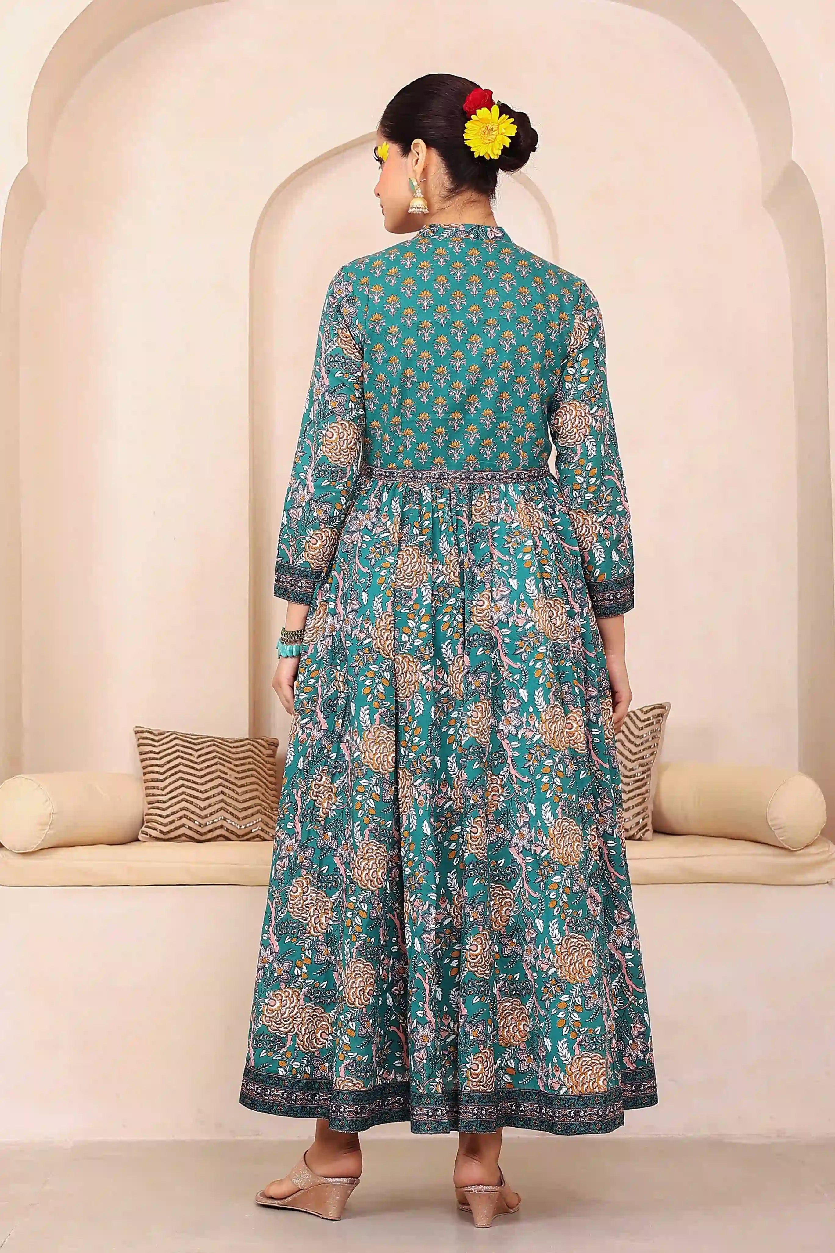Dark Green Anarkali Cotton Hand Printed Ethnic Maxi Dress
