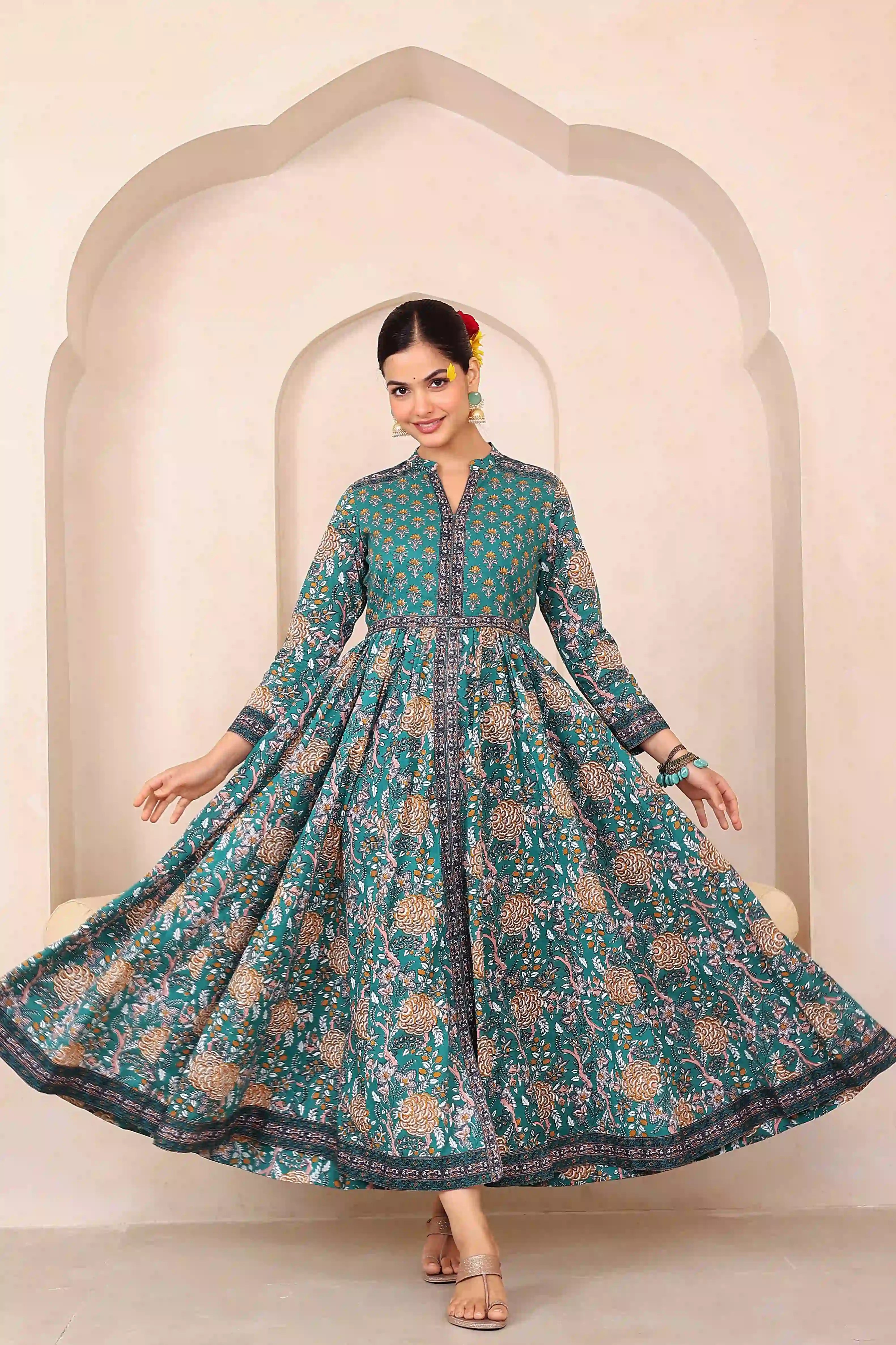 Dark Green Anarkali Cotton Hand Printed Ethnic Maxi Dress
