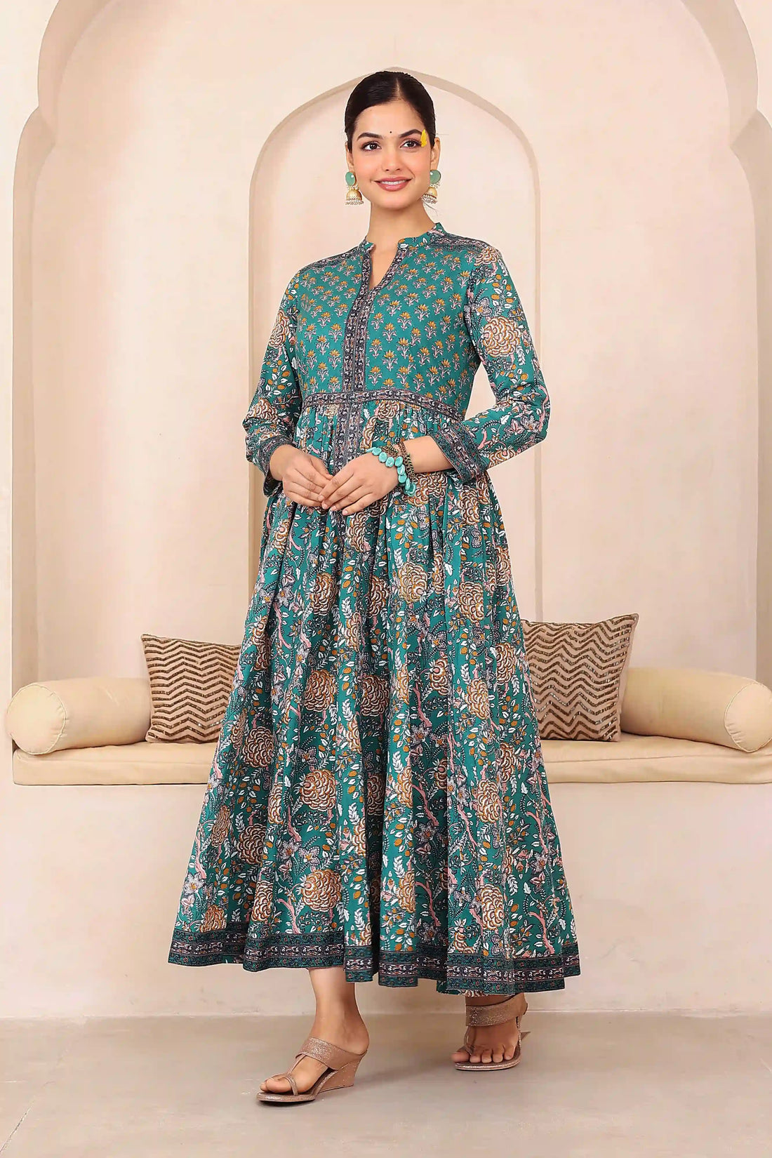 Dark Green Anarkali Cotton Hand Printed Ethnic Maxi Dress