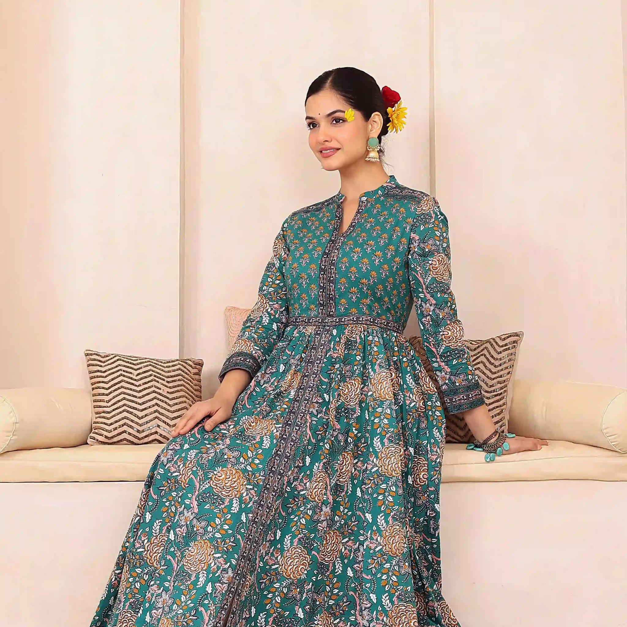 Dark Green Anarkali Cotton Hand Printed Ethnic Maxi Dress