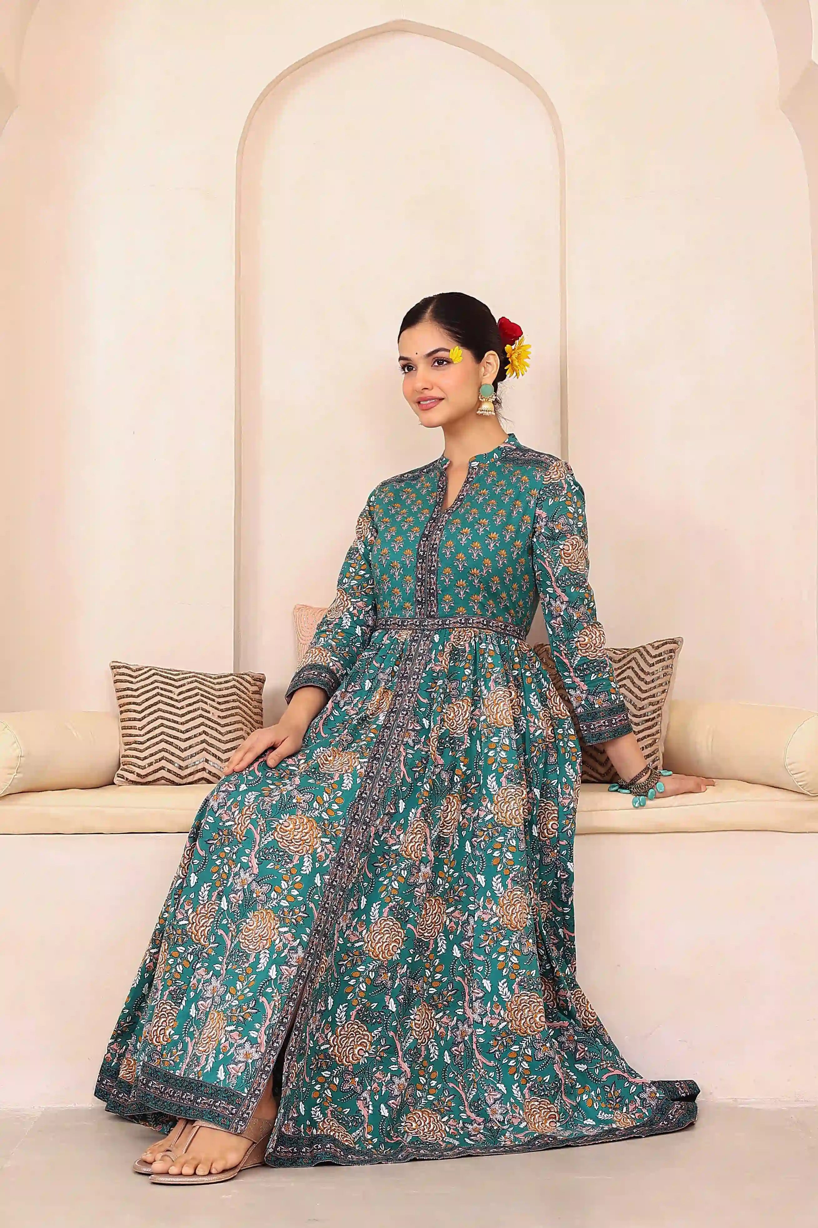 Dark Green Anarkali Cotton Hand Printed Ethnic Maxi Dress