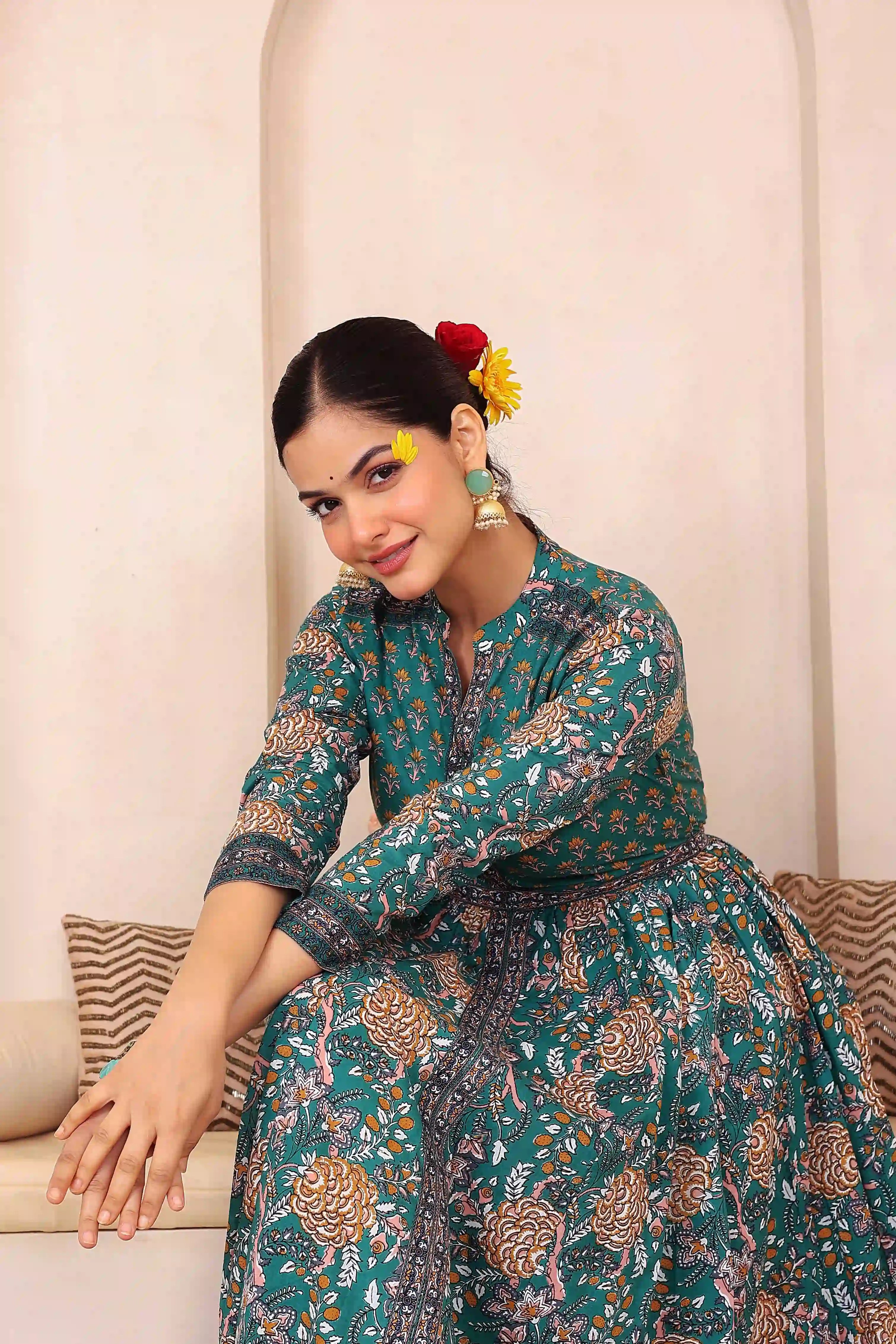 Dark Green Anarkali Cotton Hand Printed Ethnic Maxi Dress