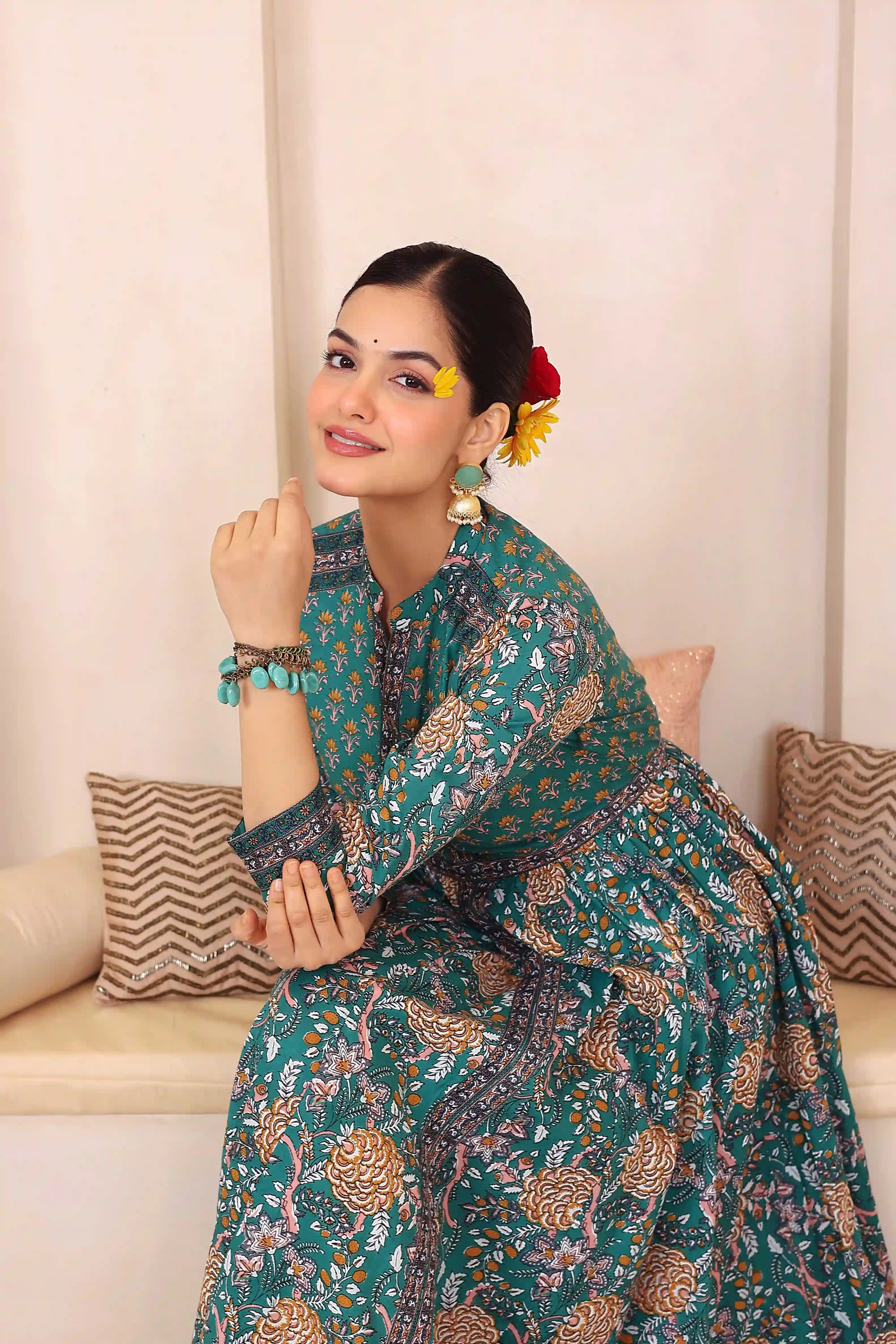 Dark Green Anarkali Cotton Hand Printed Ethnic Maxi Dress