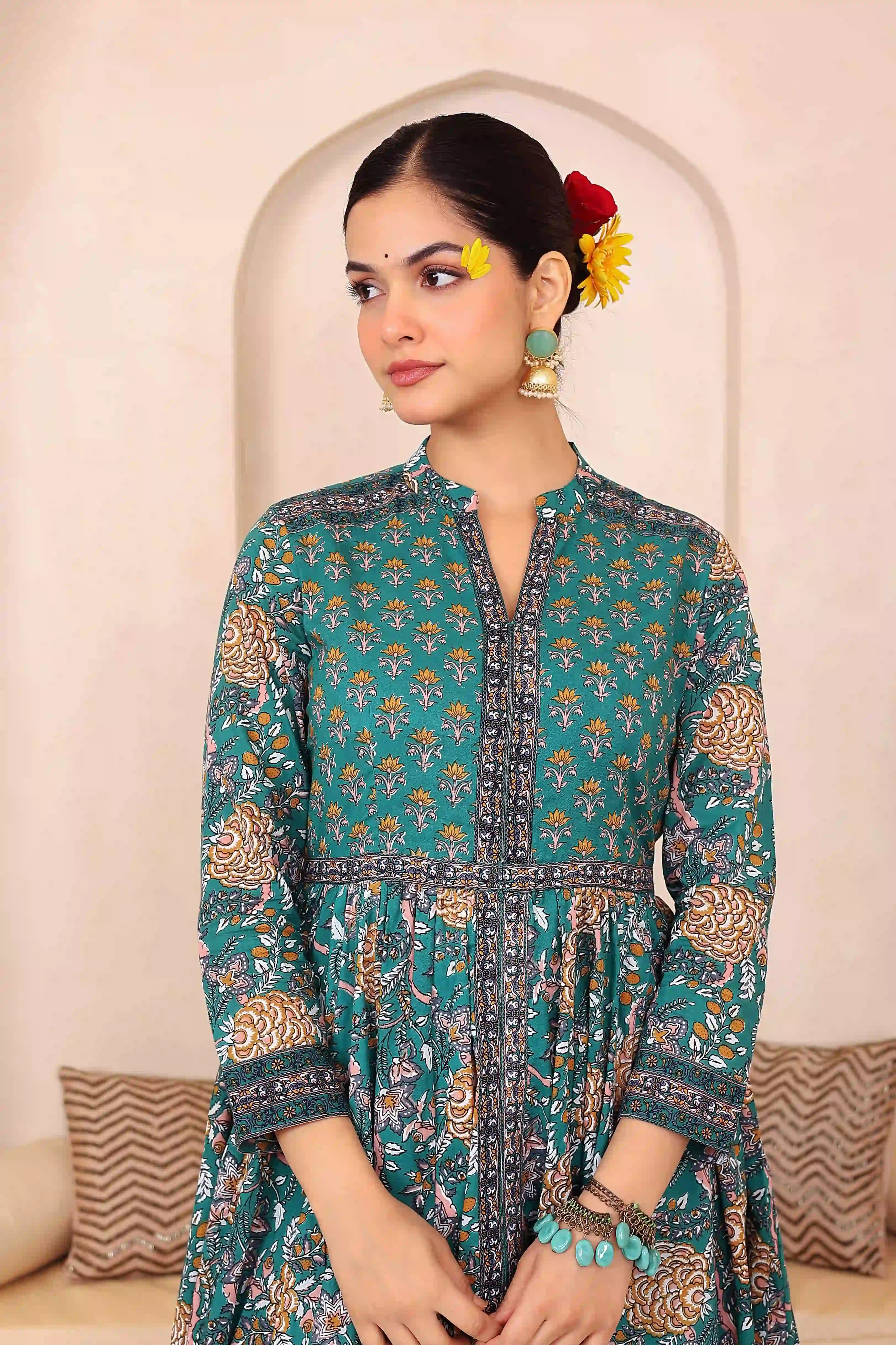 Dark Green Anarkali Cotton Hand Printed Ethnic Maxi Dress