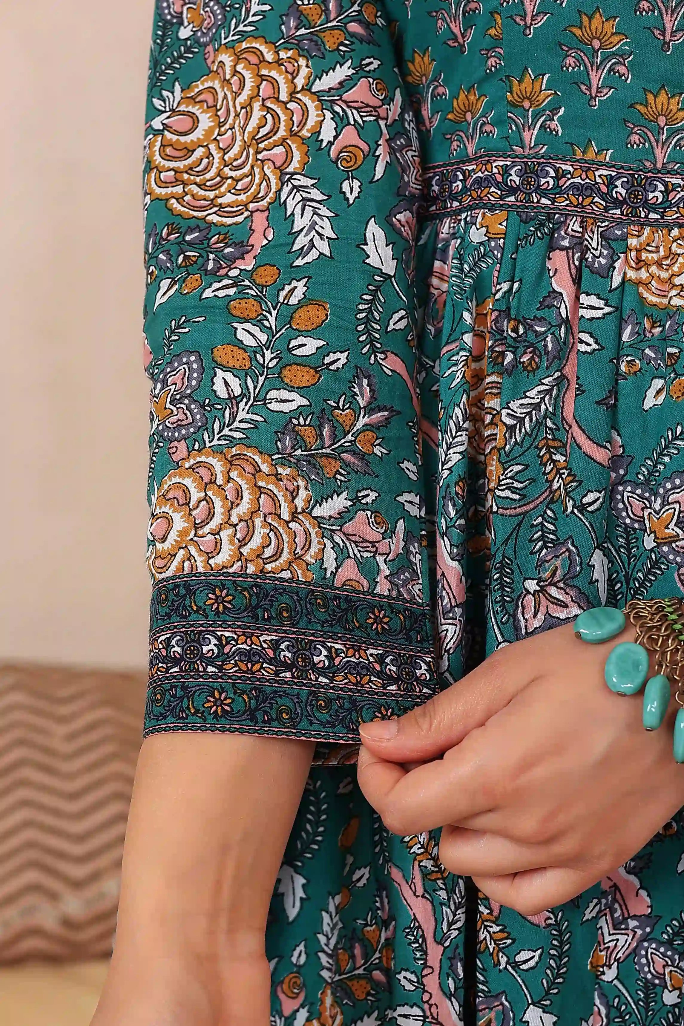 Dark Green Anarkali Cotton Hand Printed Ethnic Maxi Dress