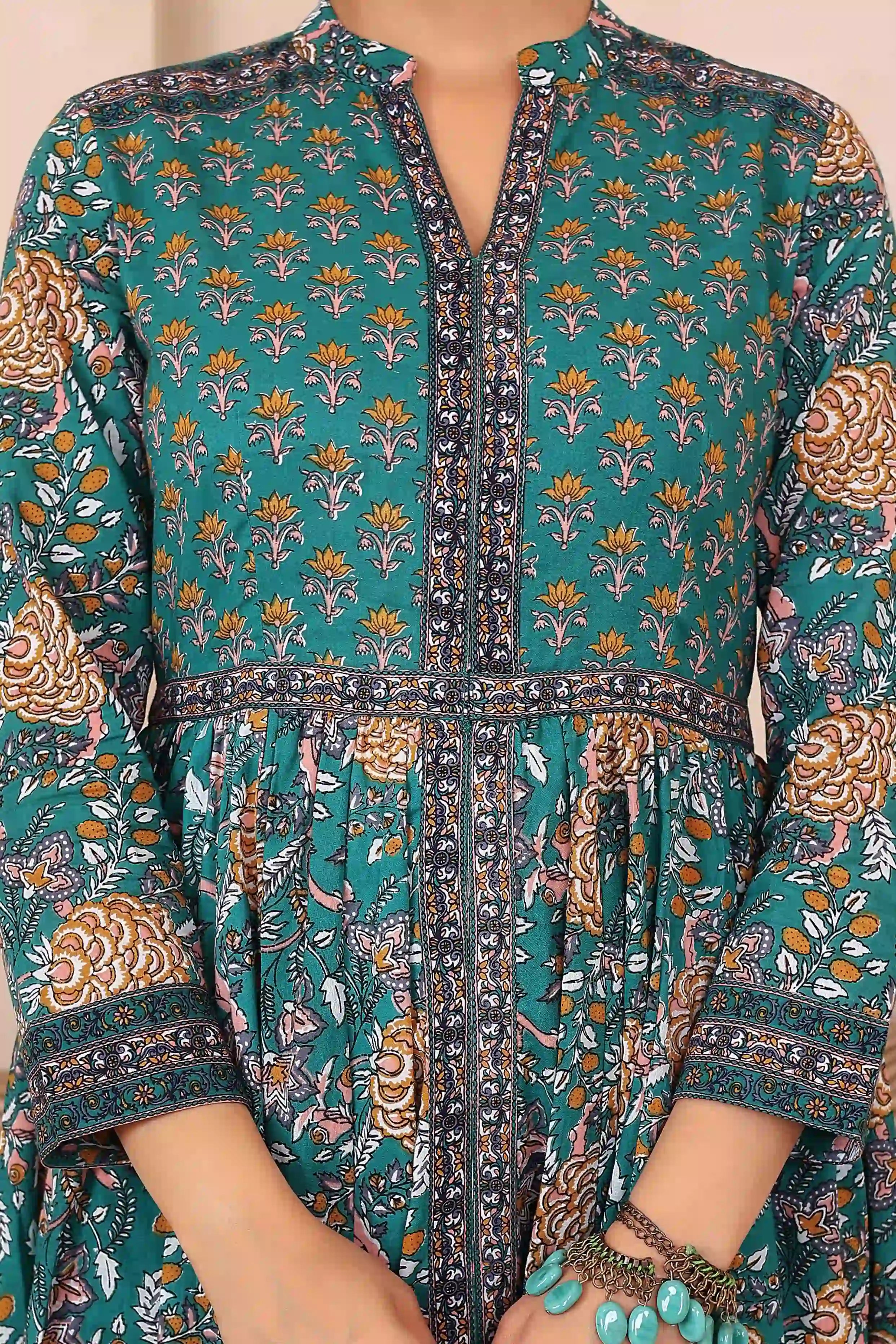 Dark Green Anarkali Cotton Hand Printed Ethnic Maxi Dress