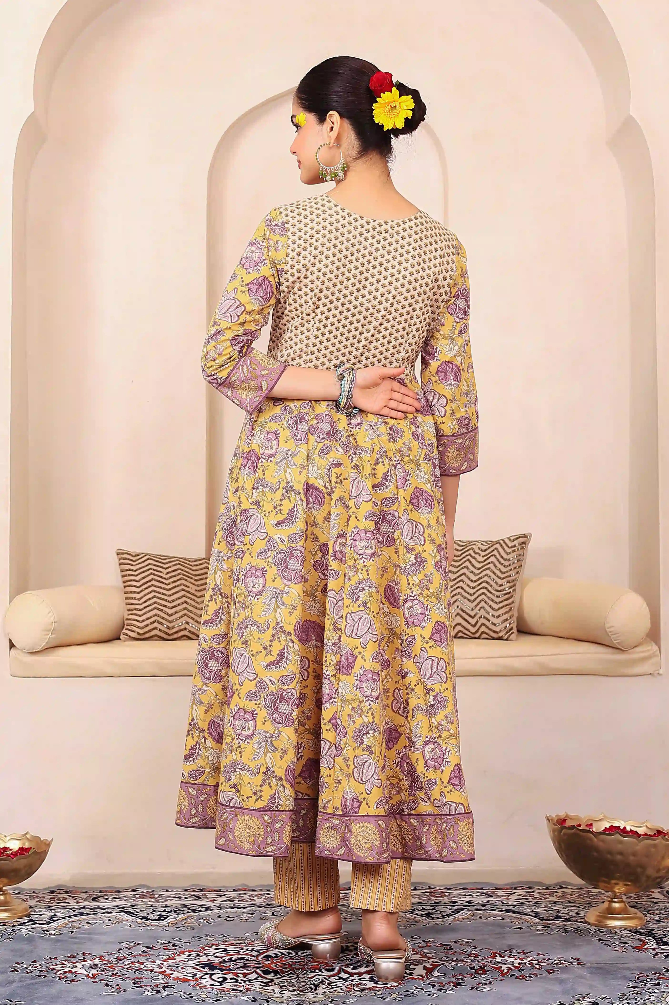 Yellow Floral Hand Printed Anarkali Kurta Set with Dupatta