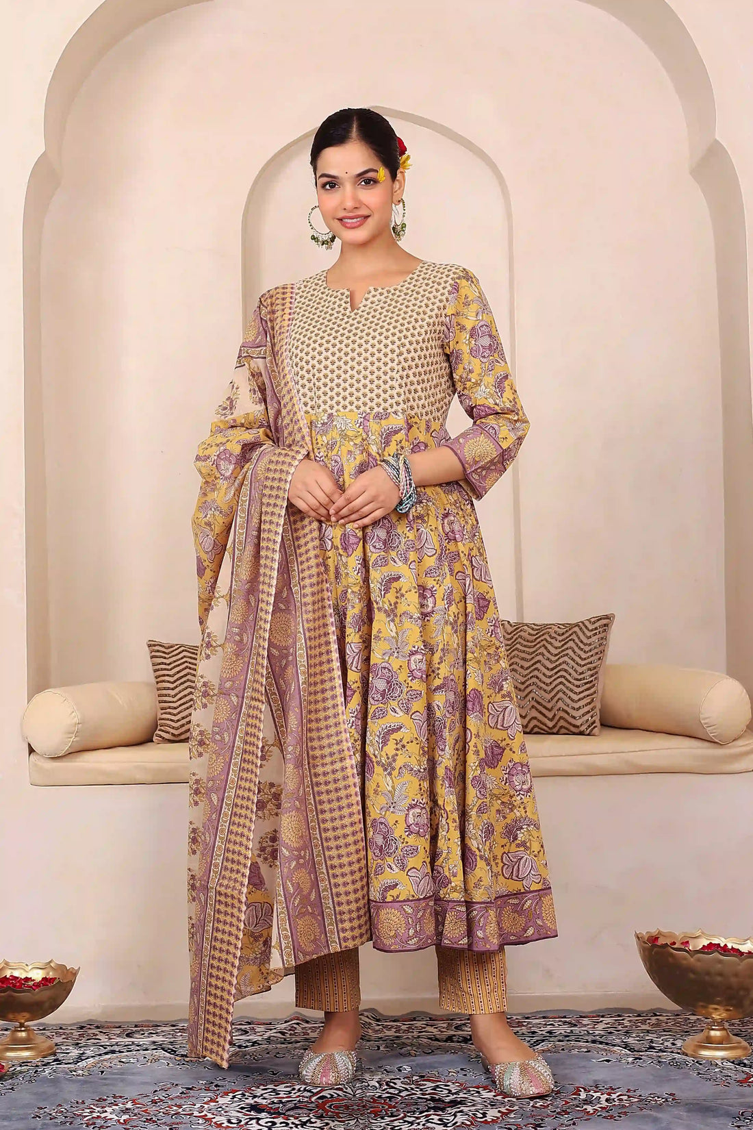 Yellow Floral Hand Printed Anarkali Kurta Set with Dupatta