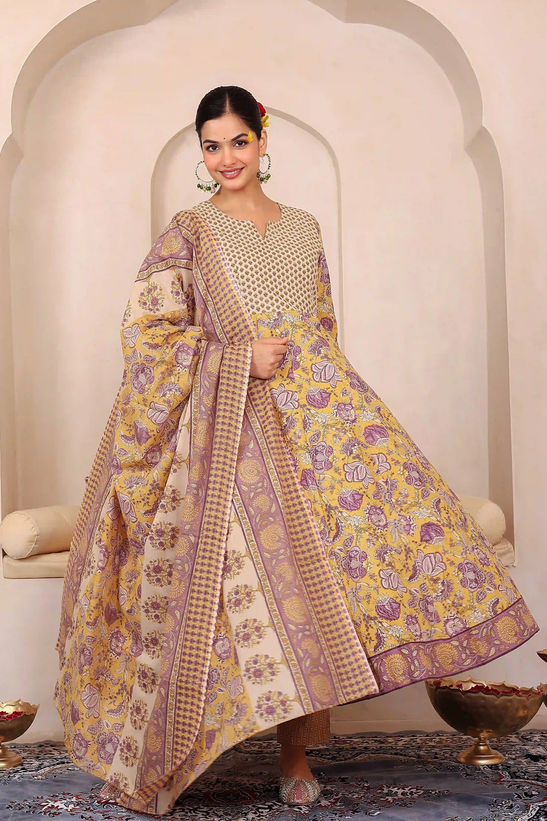 Yellow Floral Hand Printed Anarkali Kurta Set with Dupatta