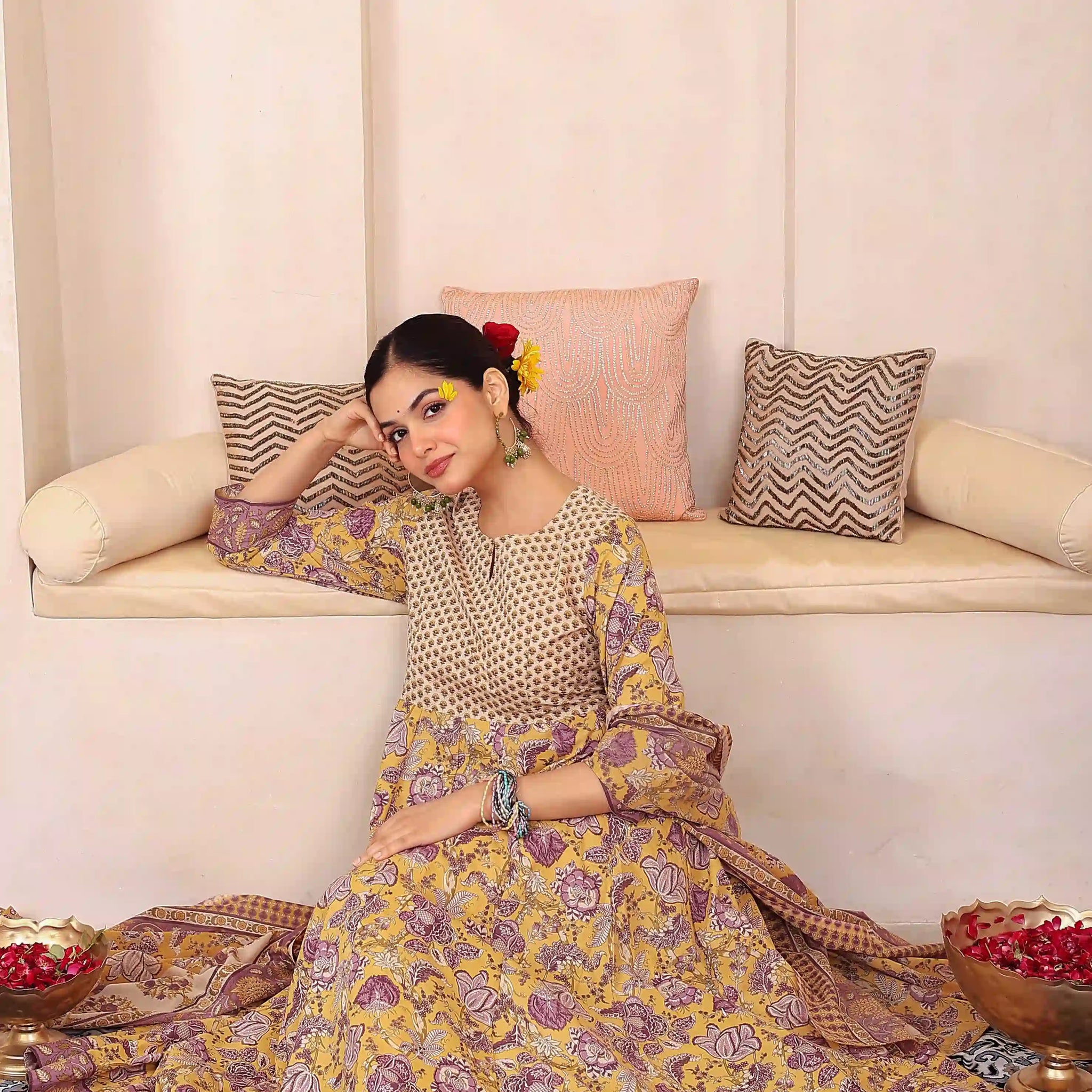 Yellow Floral Hand Printed Anarkali Kurta Set with Dupatta