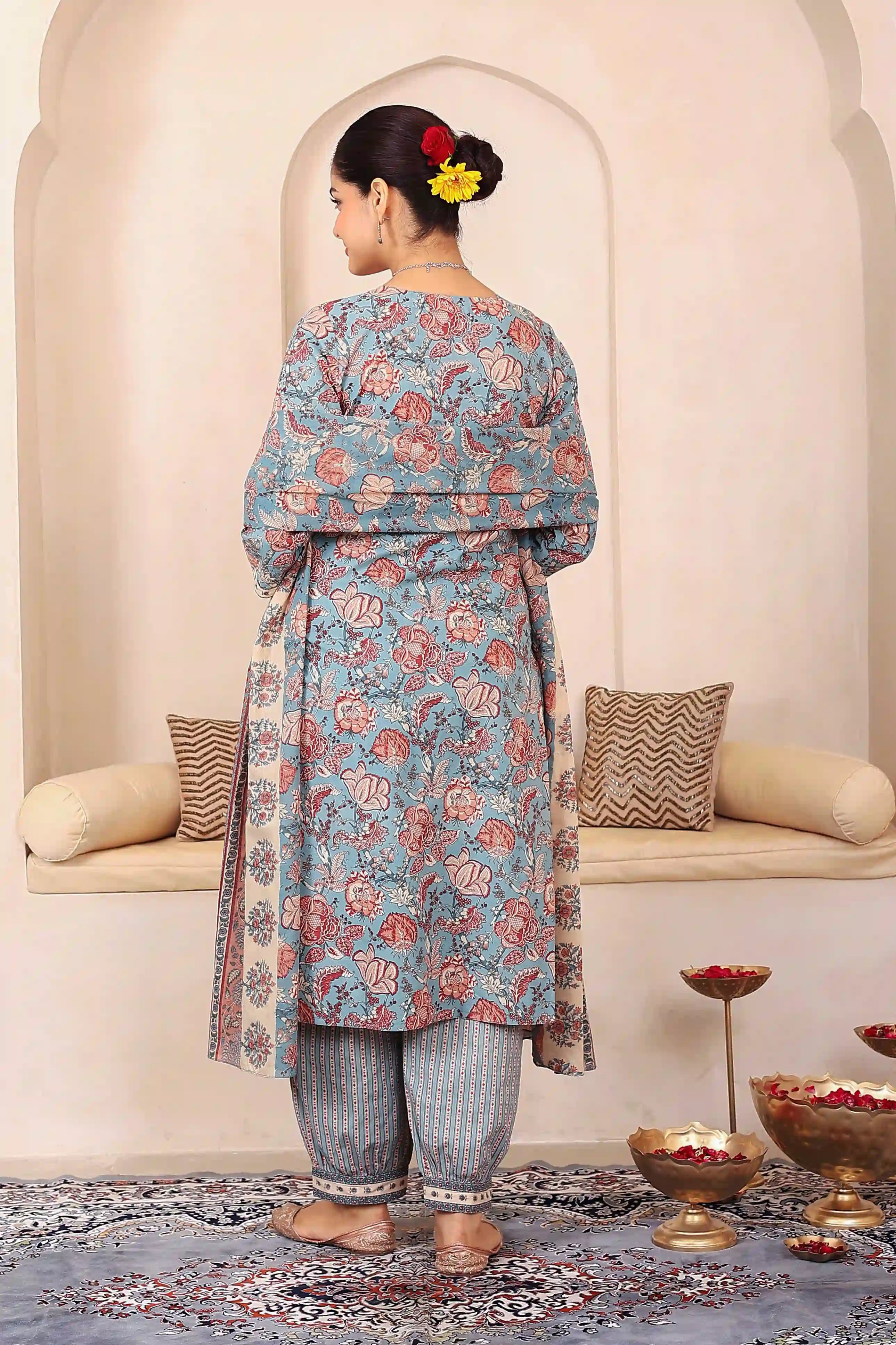 Light Blue Floral Printed Kurta Set with Dupatta