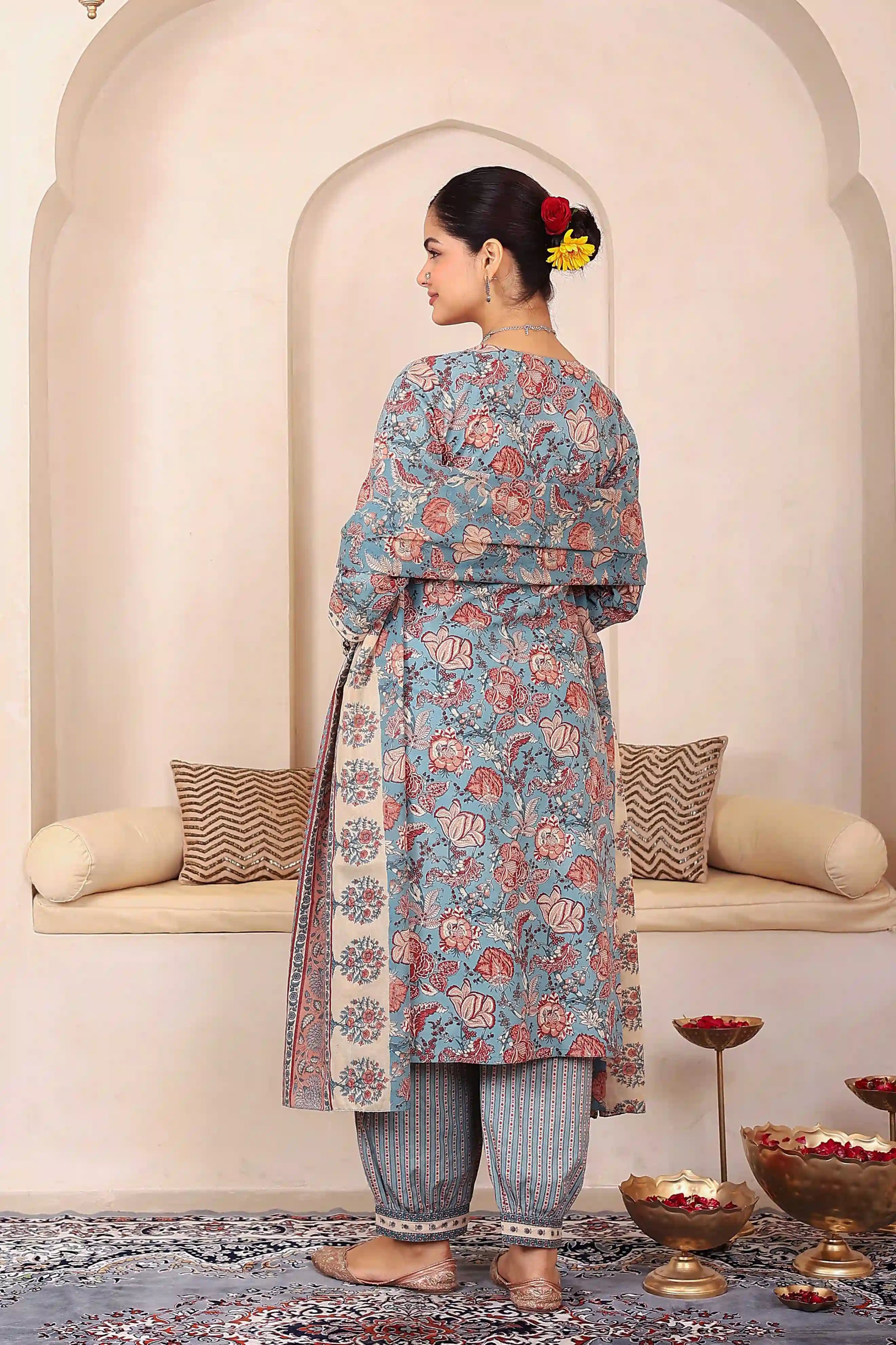 Light Blue Floral Printed Kurta Set with Dupatta