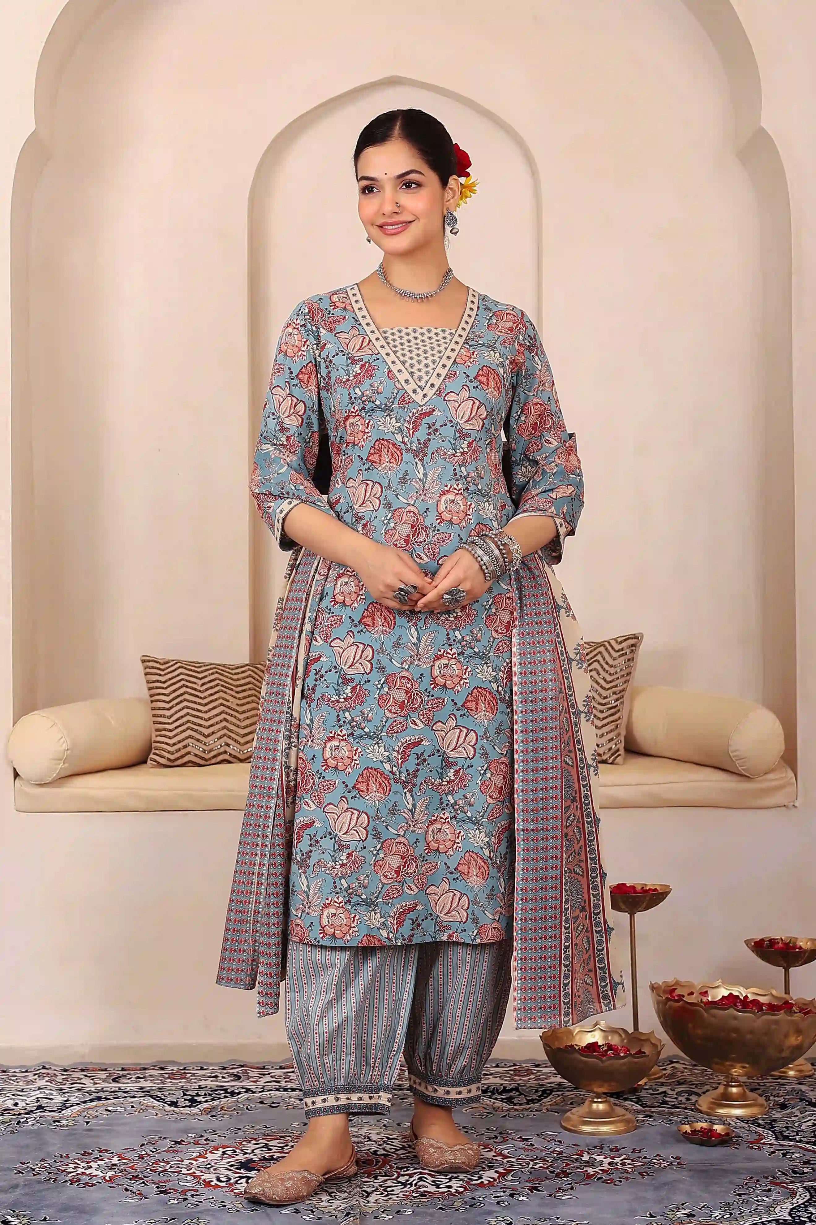 Light Blue Floral Printed Kurta Set with Dupatta