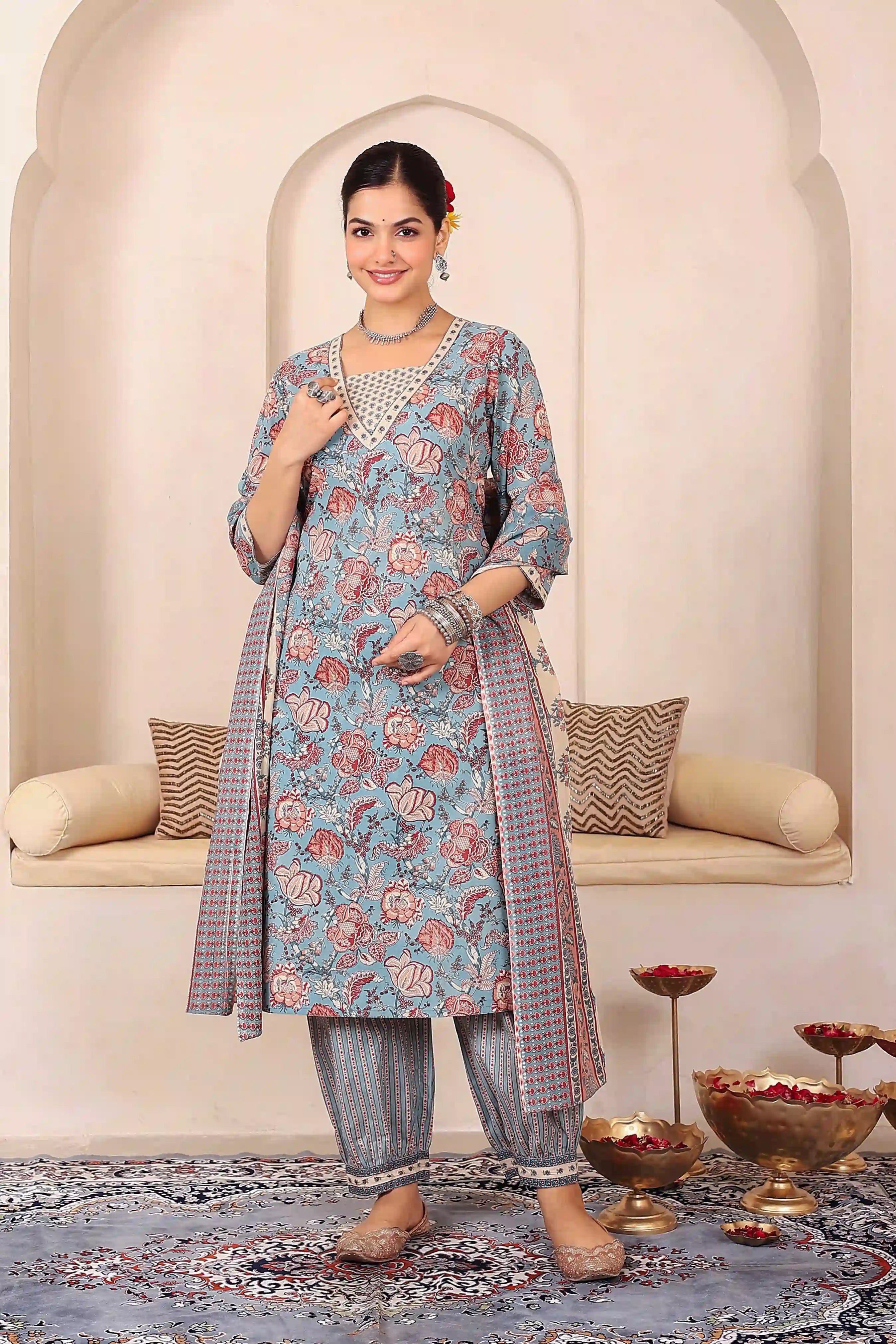 Light Blue Floral Printed Kurta Set with Dupatta
