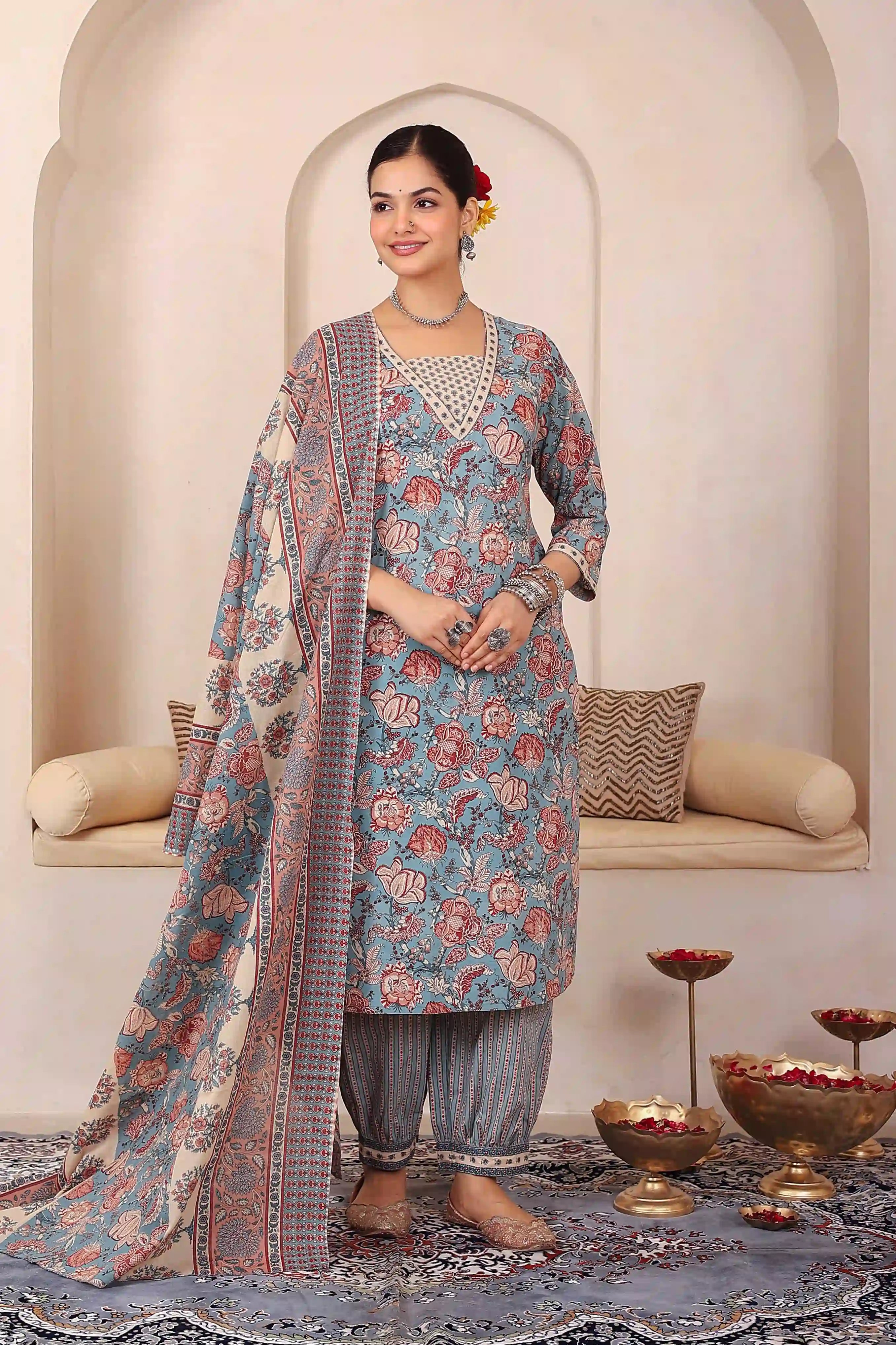 Light Blue Floral Printed Kurta Set with Dupatta
