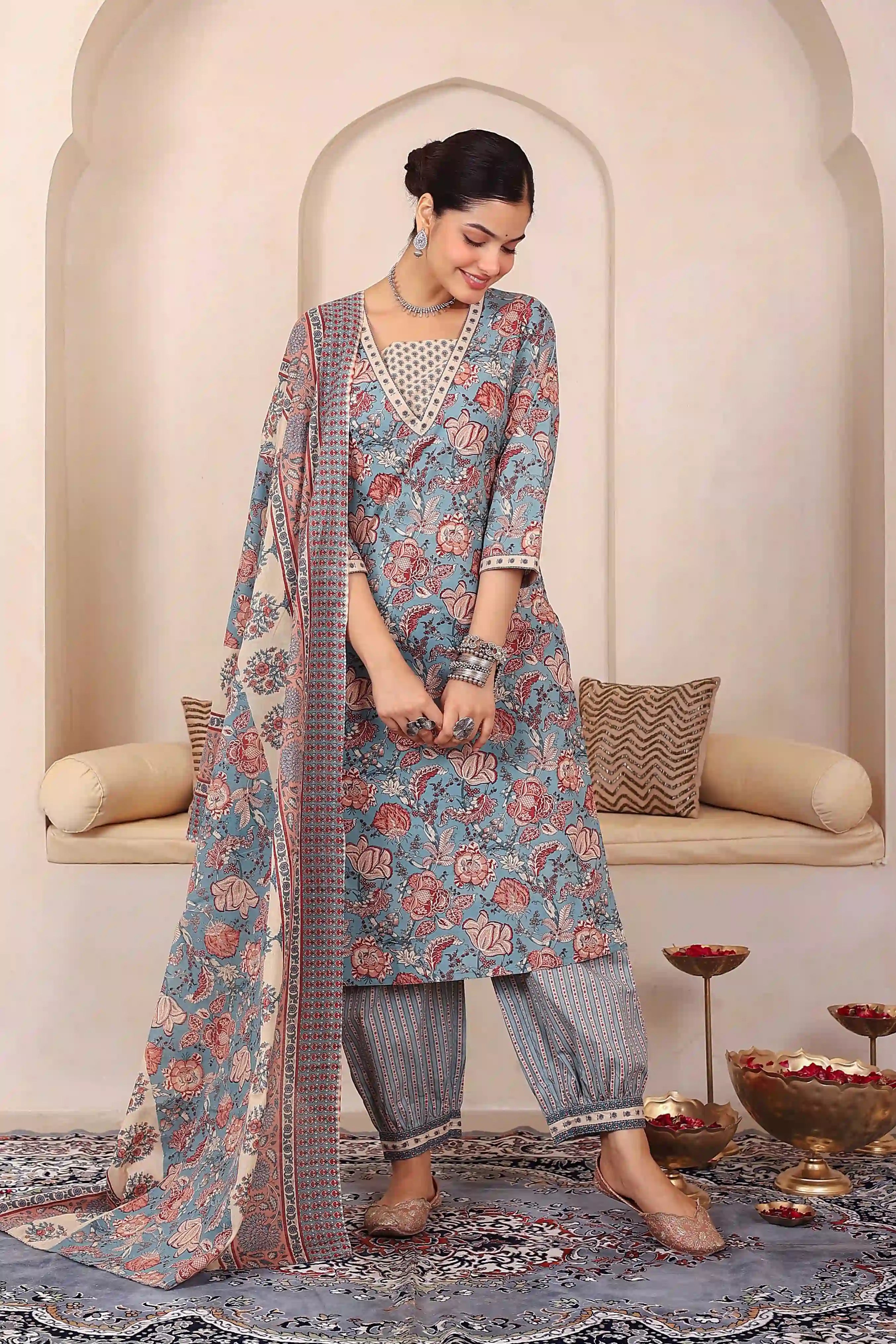 Light Blue Floral Printed Kurta Set with Dupatta