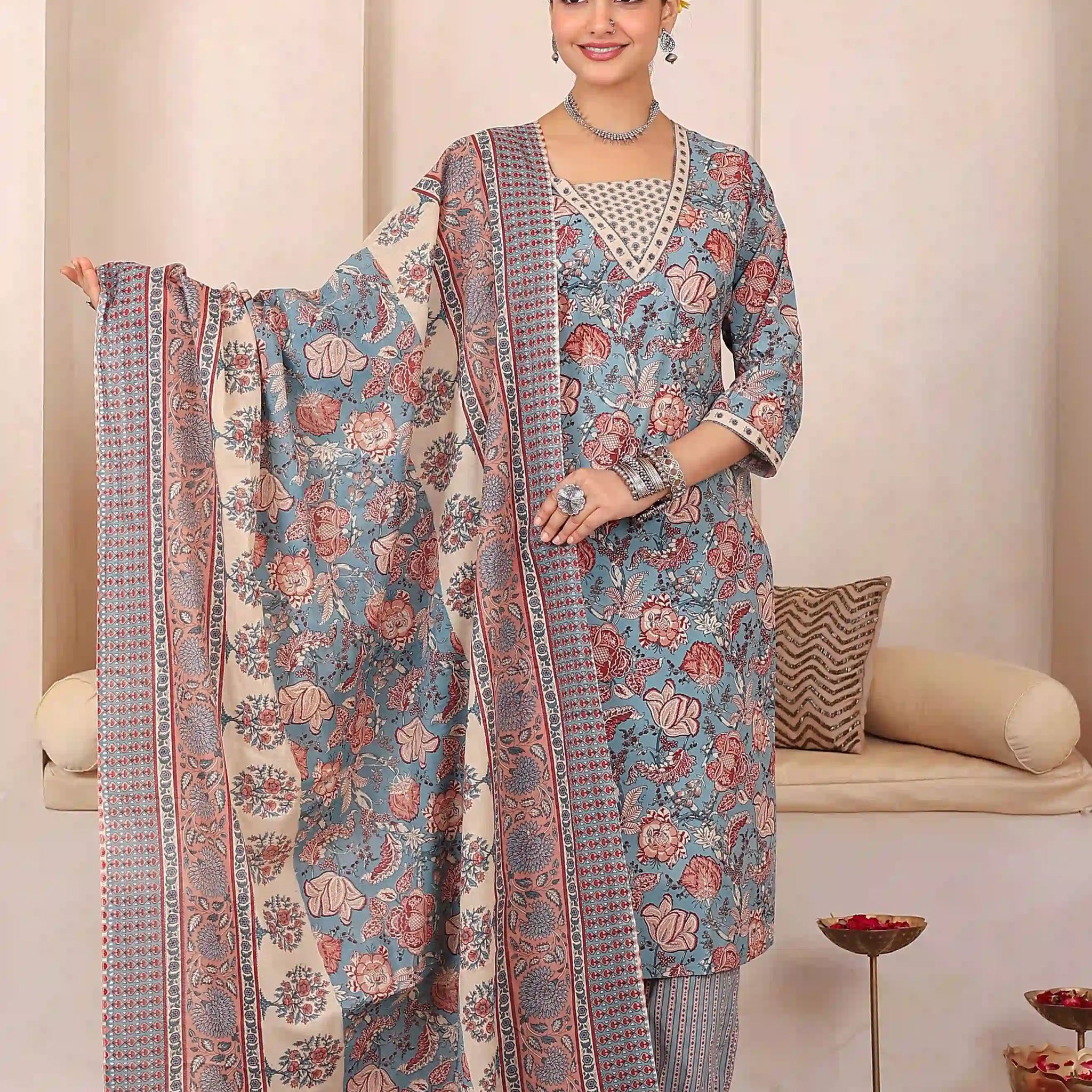 Light Blue Floral Printed Kurta Set with Dupatta
