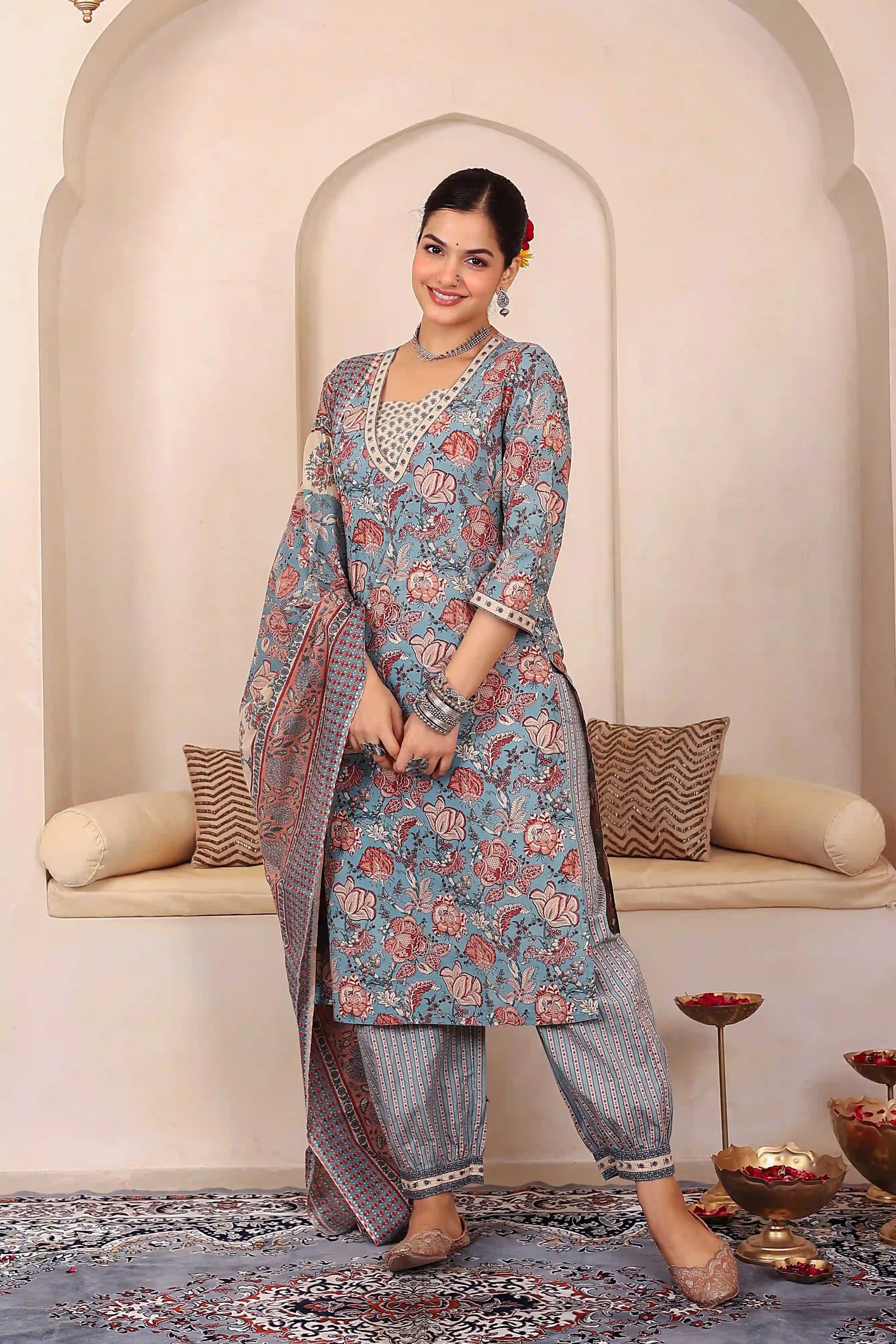 Light Blue Floral Printed Kurta Set with Dupatta