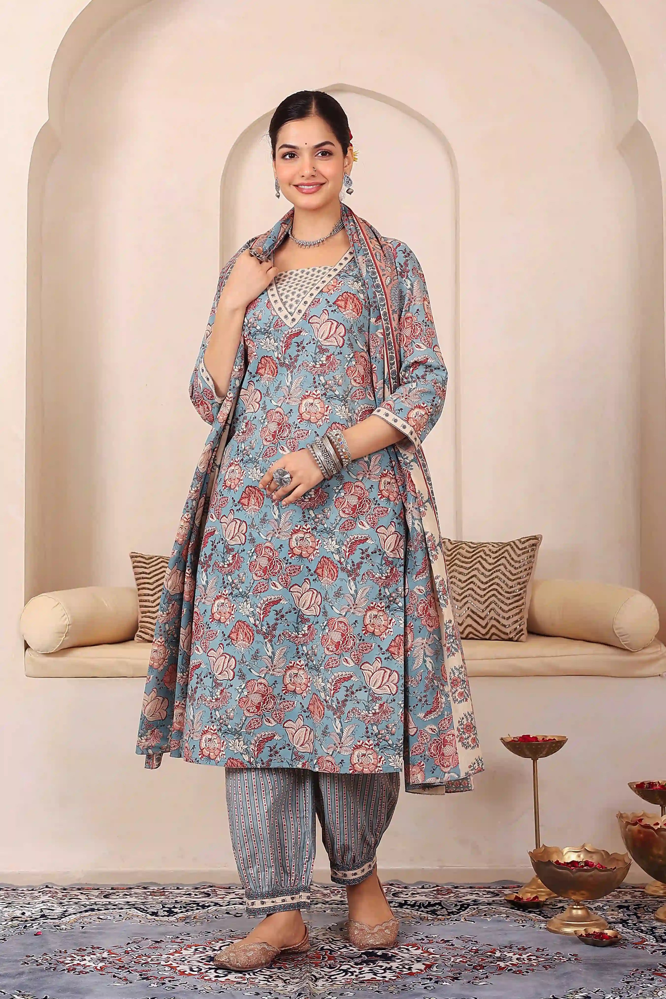 Light Blue Floral Printed Kurta Set with Dupatta