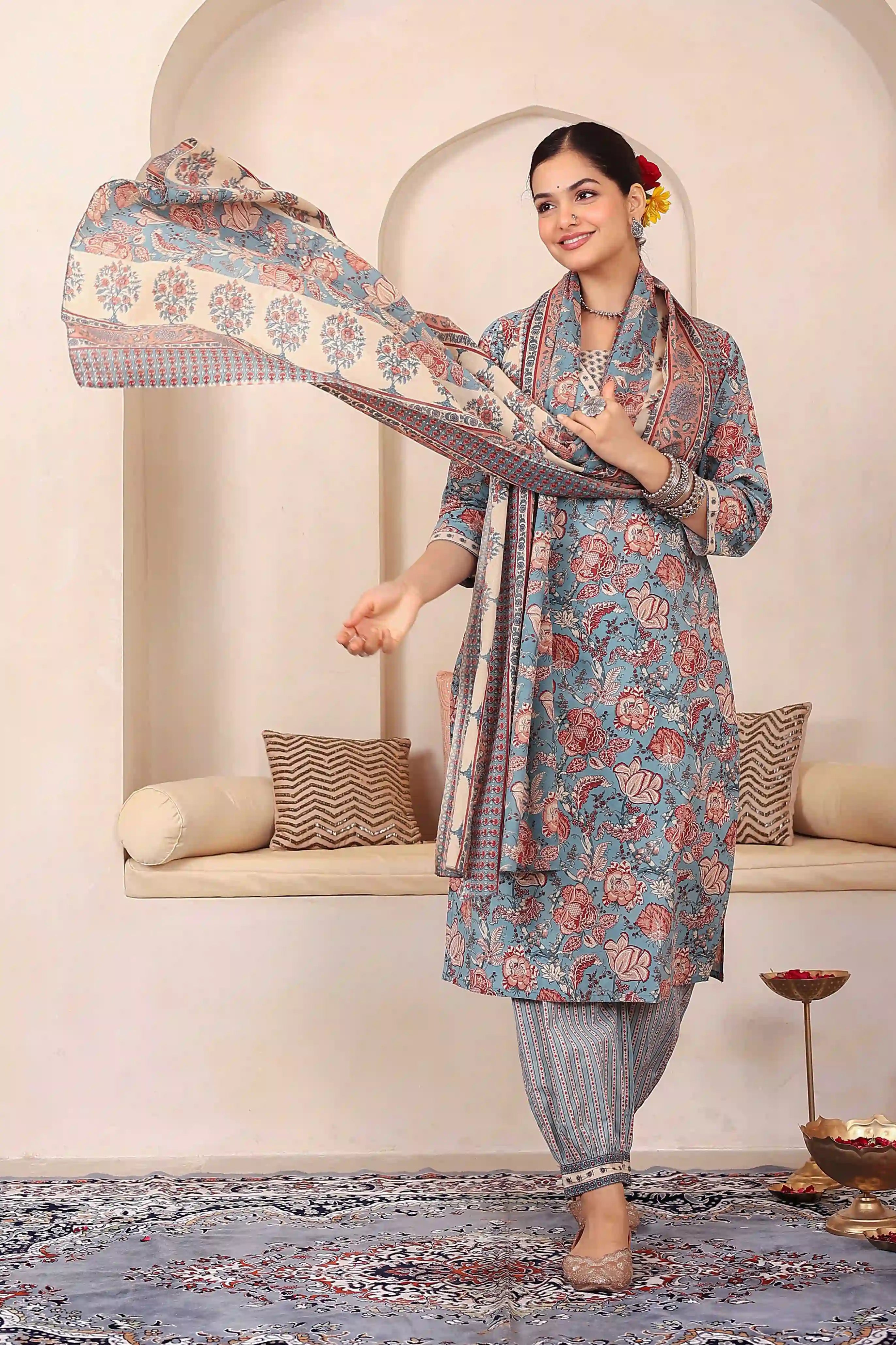 Light Blue Floral Printed Kurta Set with Dupatta