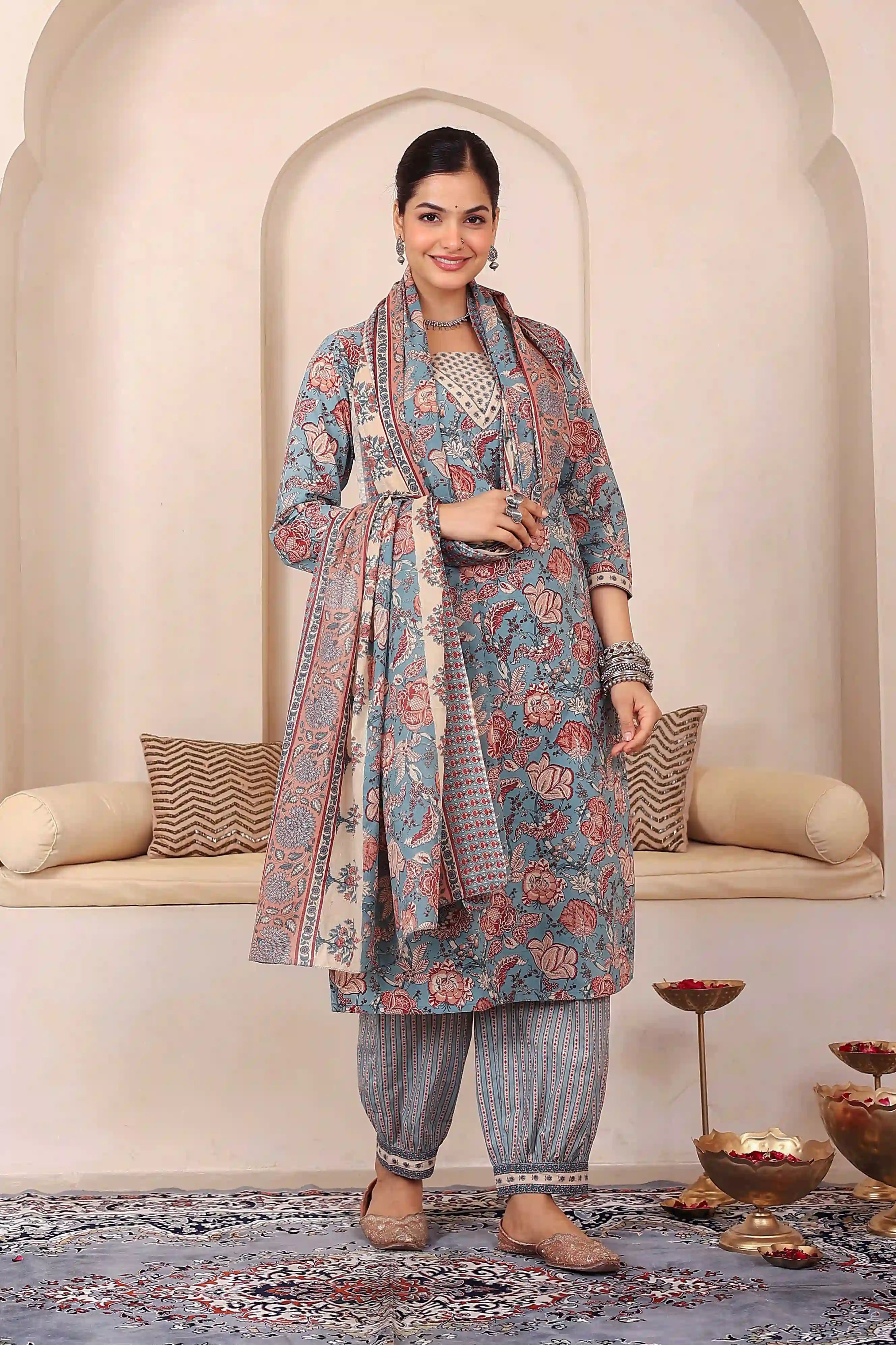 Light Blue Floral Printed Kurta Set with Dupatta