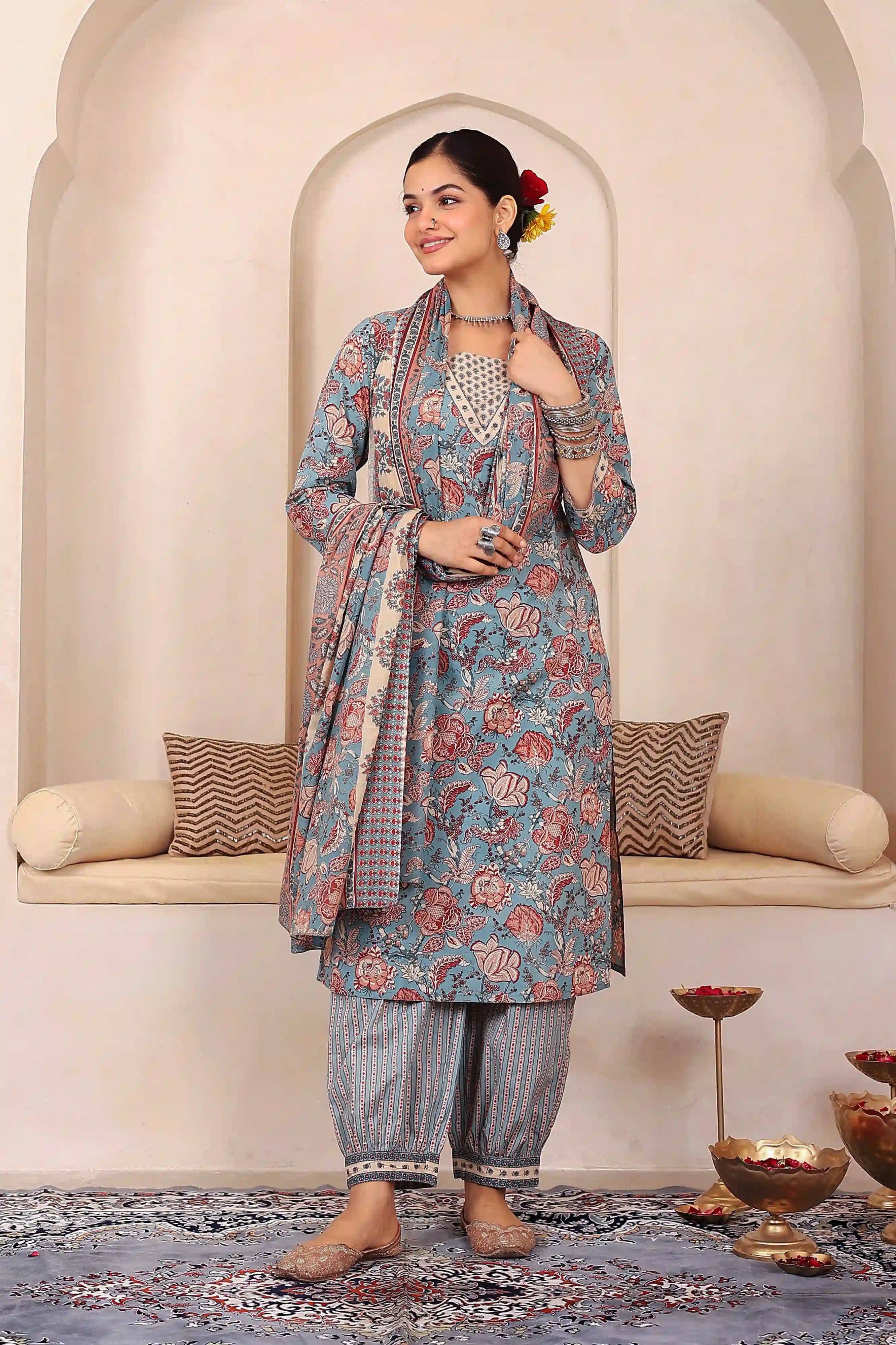 Light Blue Floral Printed Kurta Set with Dupatta