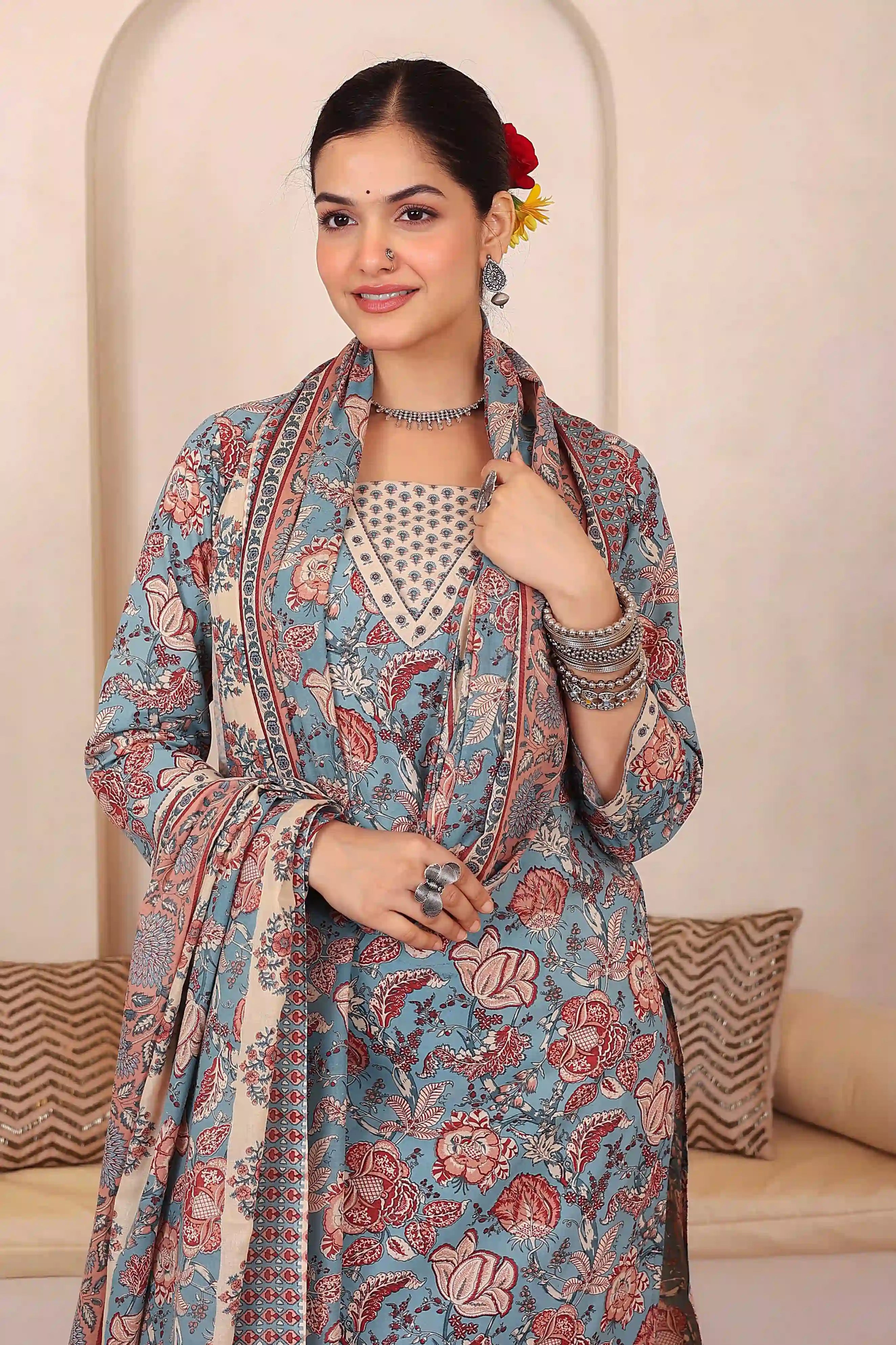 Light Blue Floral Printed Kurta Set with Dupatta