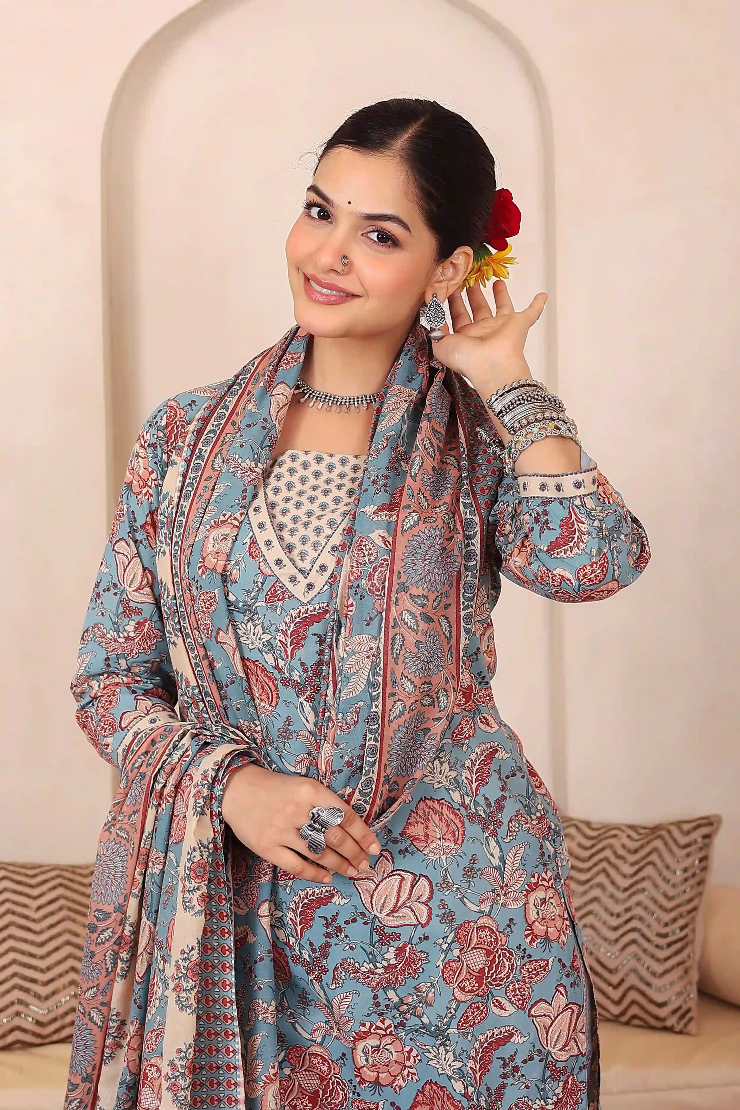 Light Blue Floral Printed Kurta Set with Dupatta