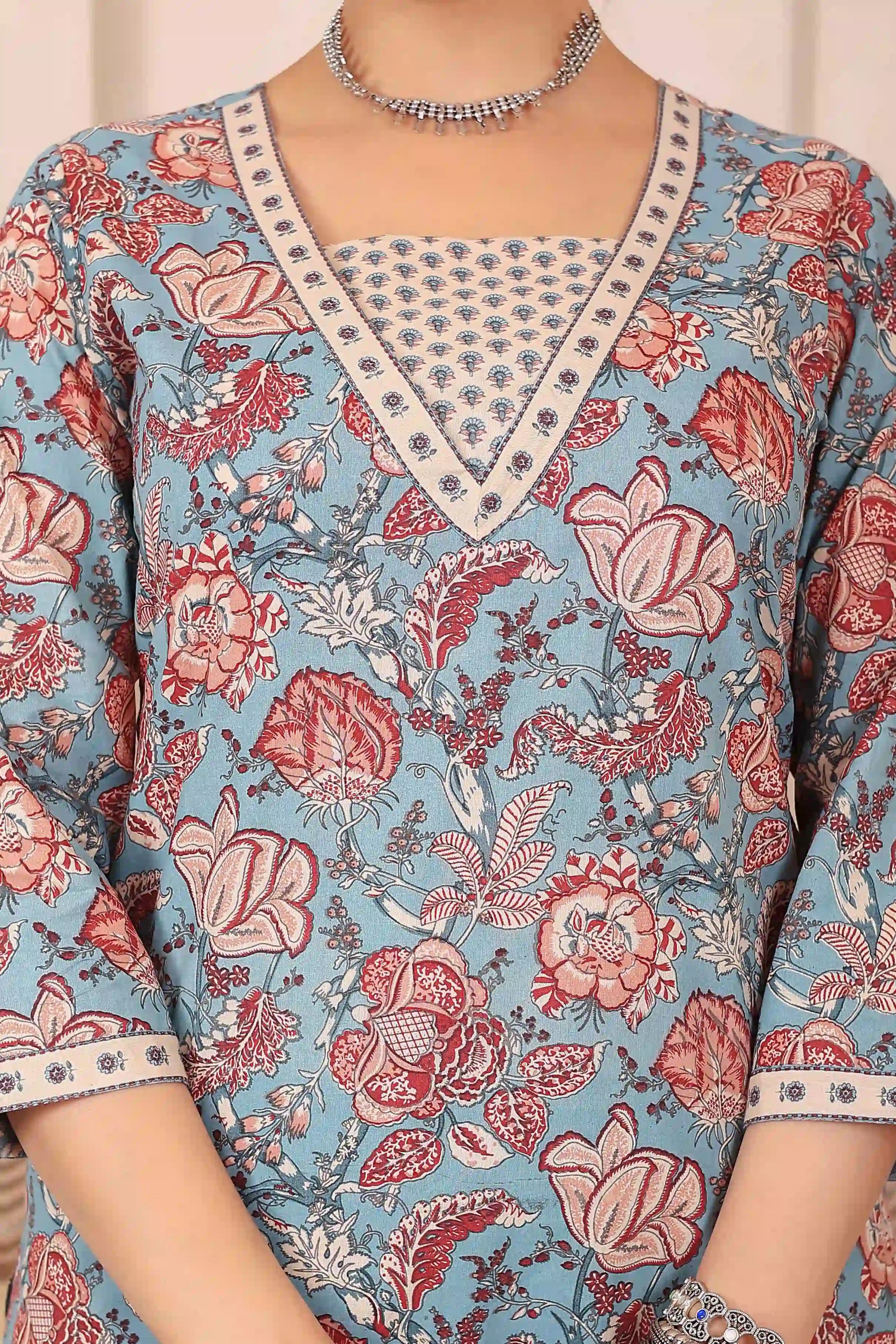 Light Blue Floral Printed Kurta Set with Dupatta
