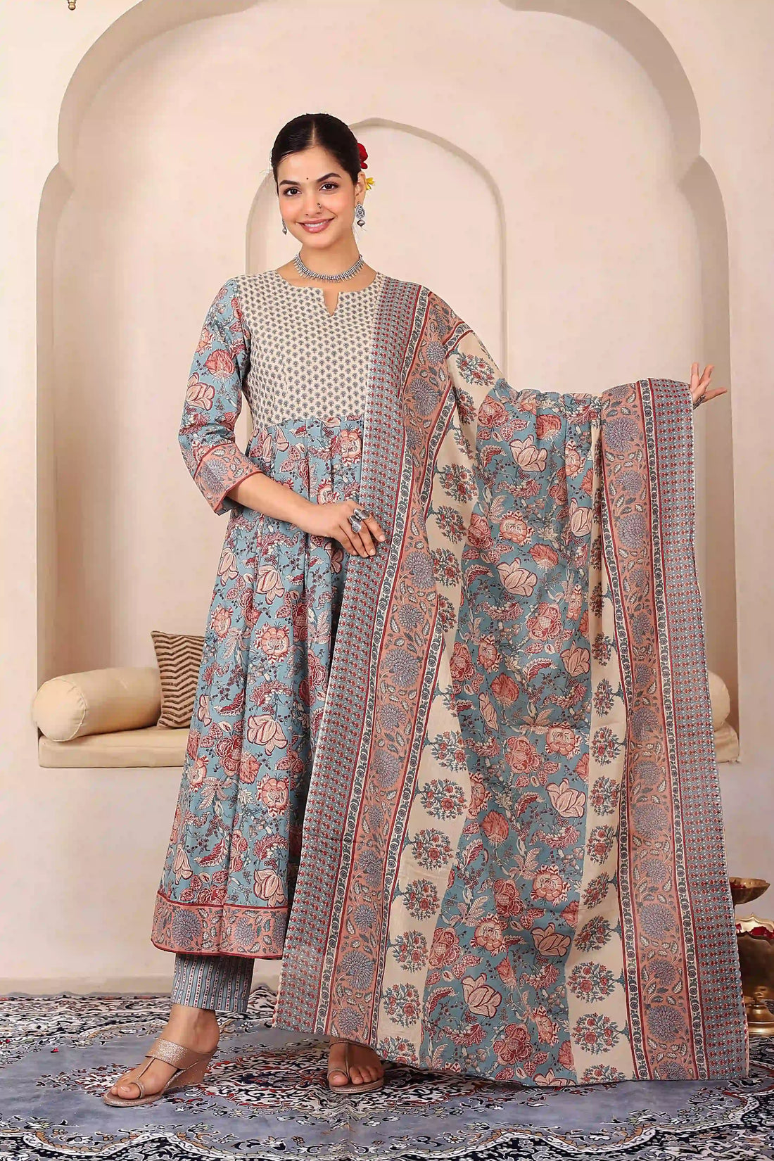 Light Blue Floral Hand Printed Anarkali Kurta Set with Dupatta