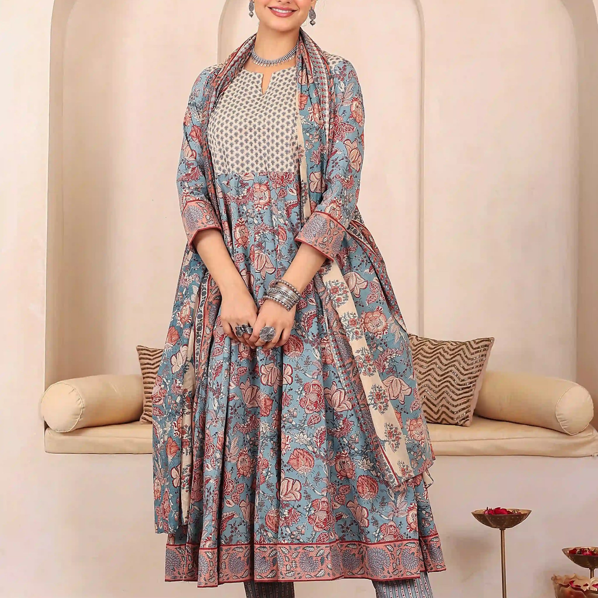 Light Blue Floral Hand Printed Anarkali Kurta Set with Dupatta