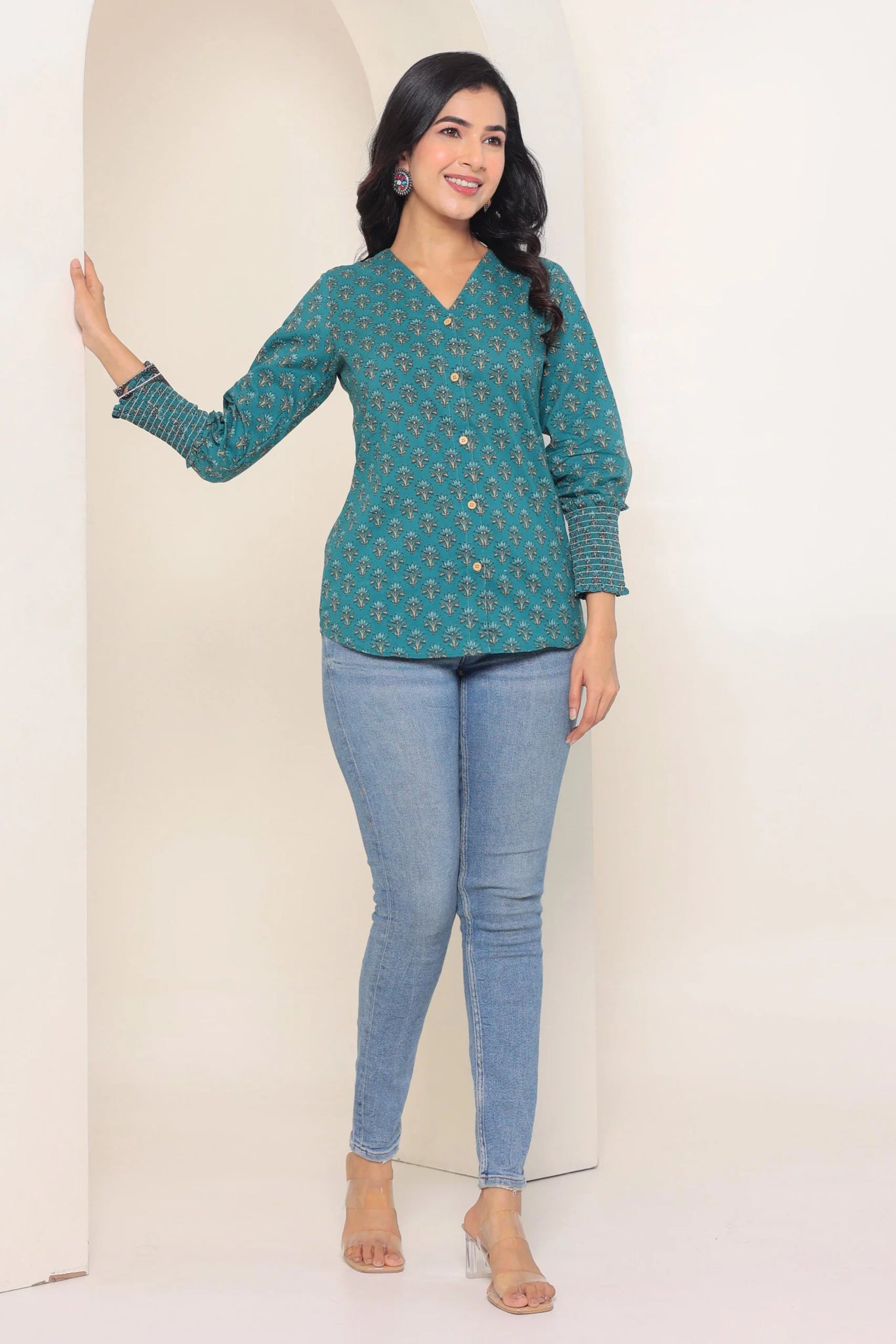 Dark Green Hand Block Printed Shirt