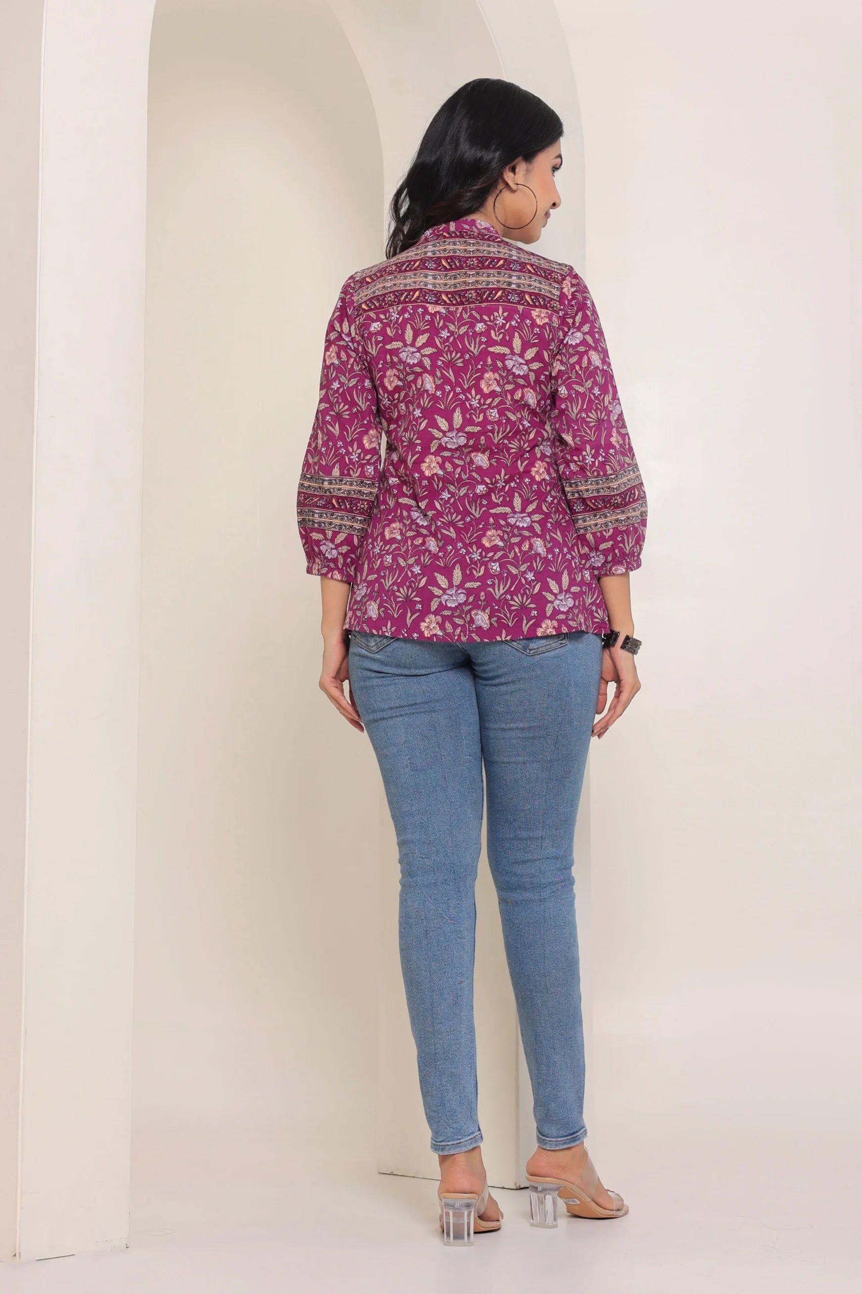 Purple Print Mandarin Collar Empire Pure Cotton Longline Top