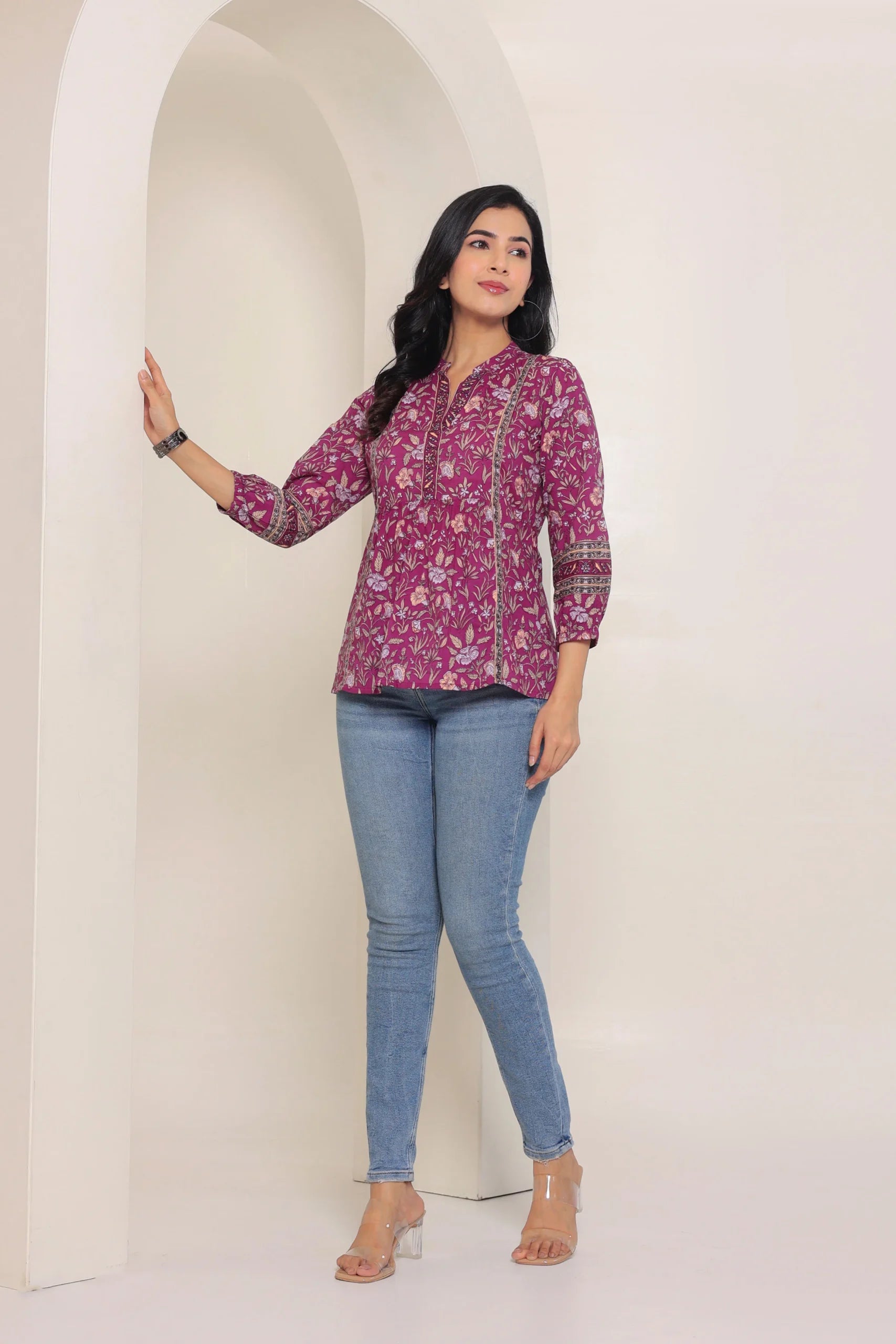 Purple Print Mandarin Collar Empire Pure Cotton Longline Top