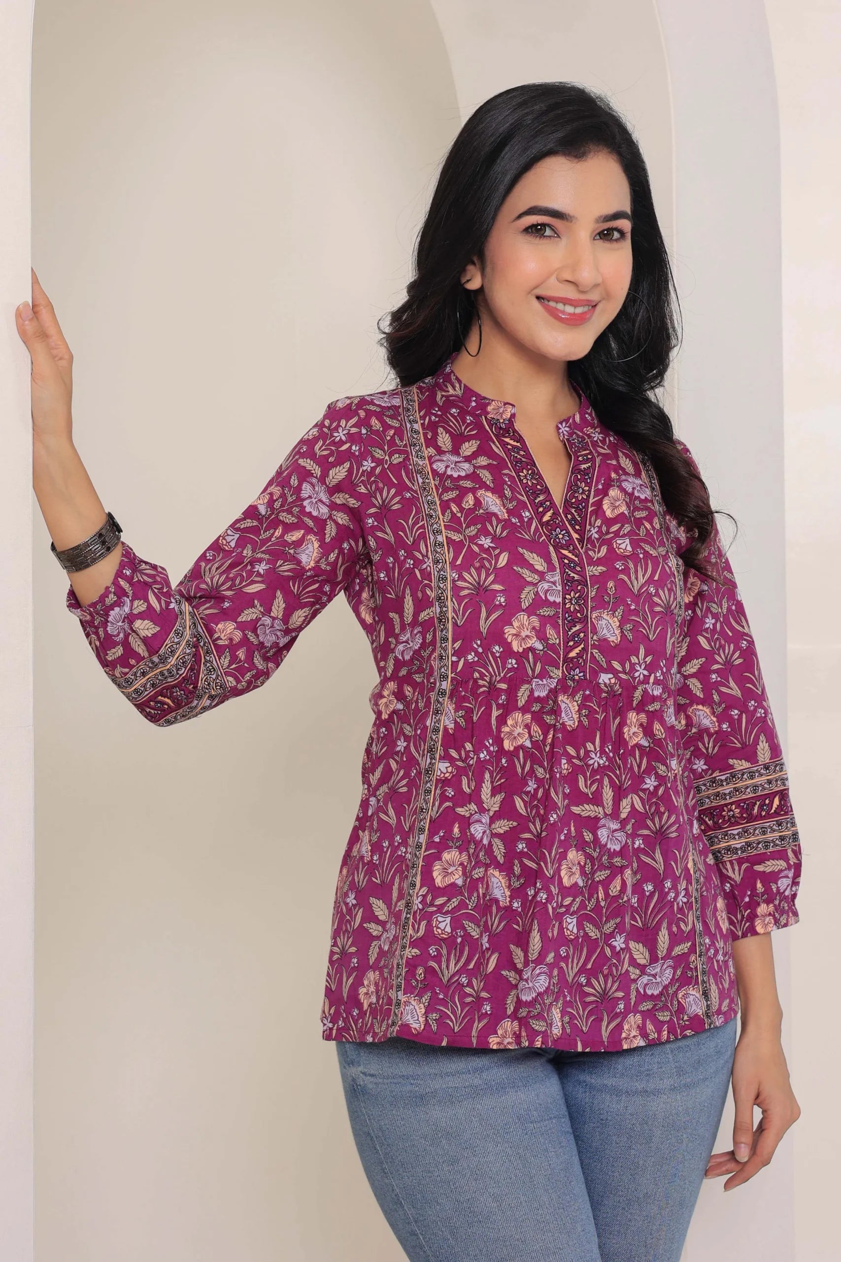 Purple Print Mandarin Collar Empire Pure Cotton Longline Top