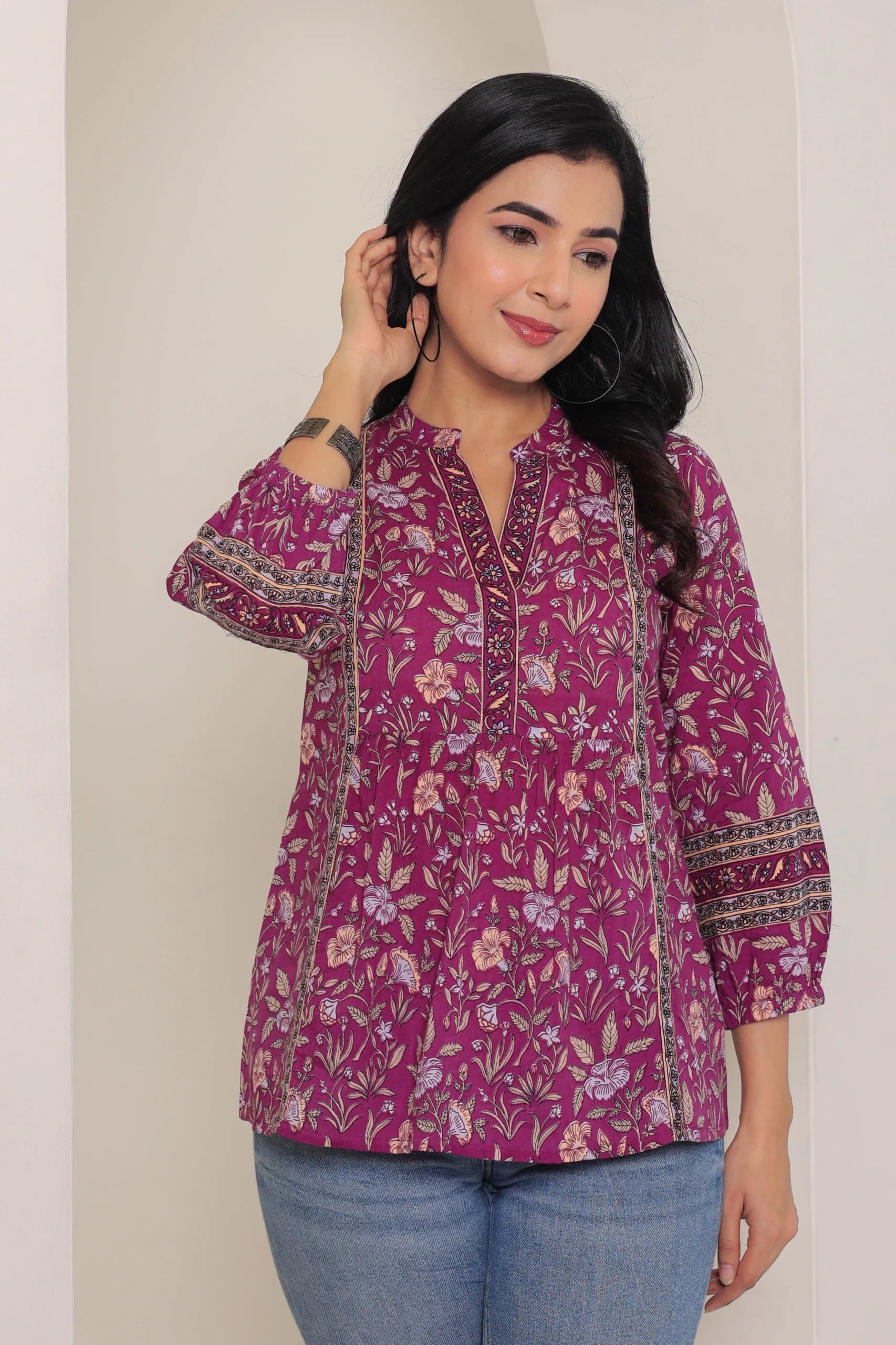 Purple Print Mandarin Collar Empire Pure Cotton Longline Top