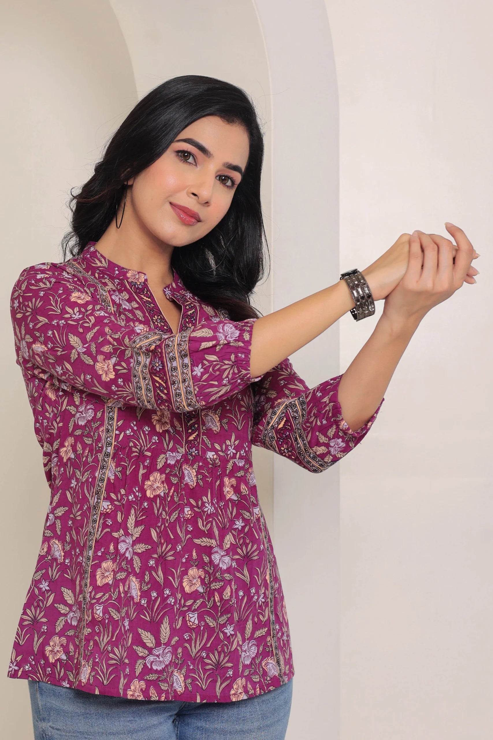 Purple Print Mandarin Collar Empire Pure Cotton Longline Top