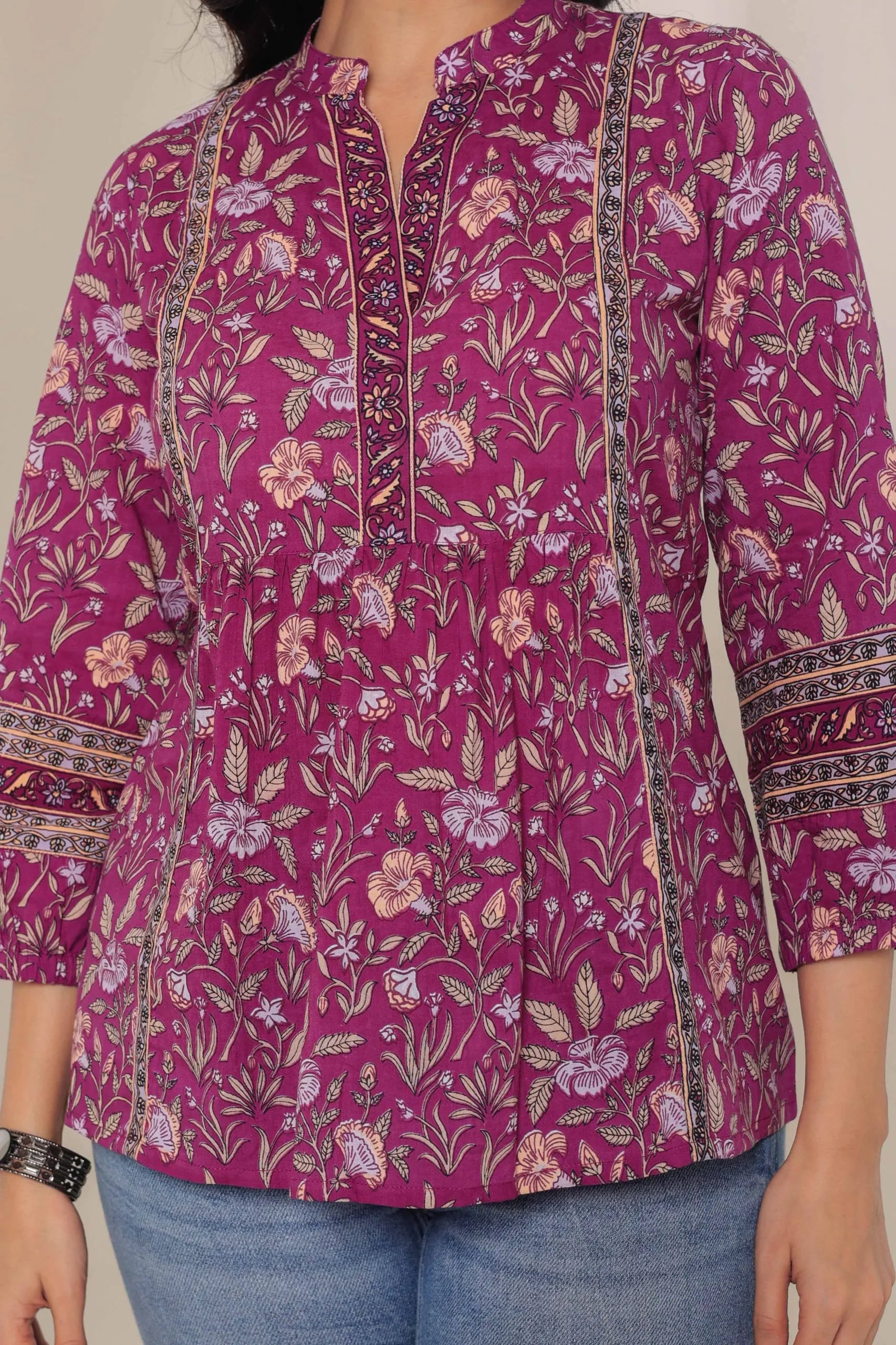 Purple Print Mandarin Collar Empire Pure Cotton Longline Top