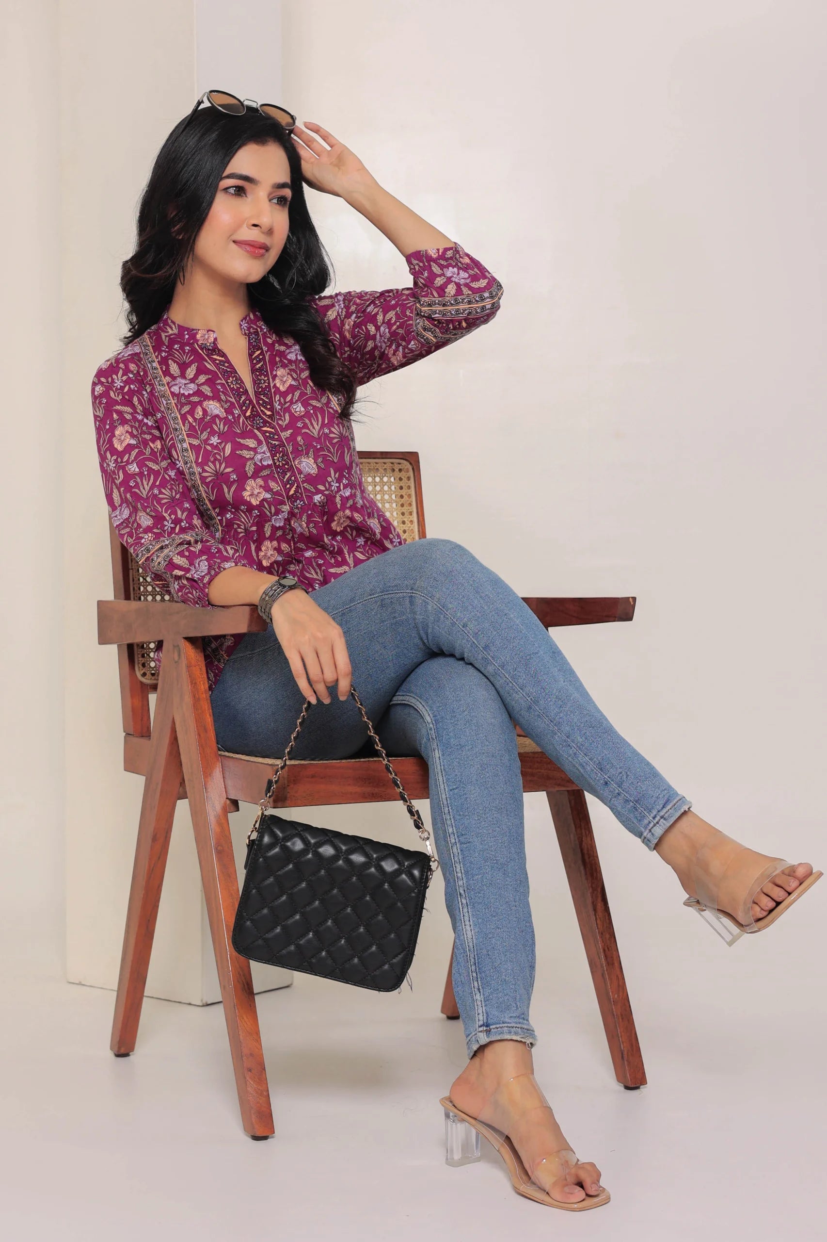 Purple Print Mandarin Collar Empire Pure Cotton Longline Top