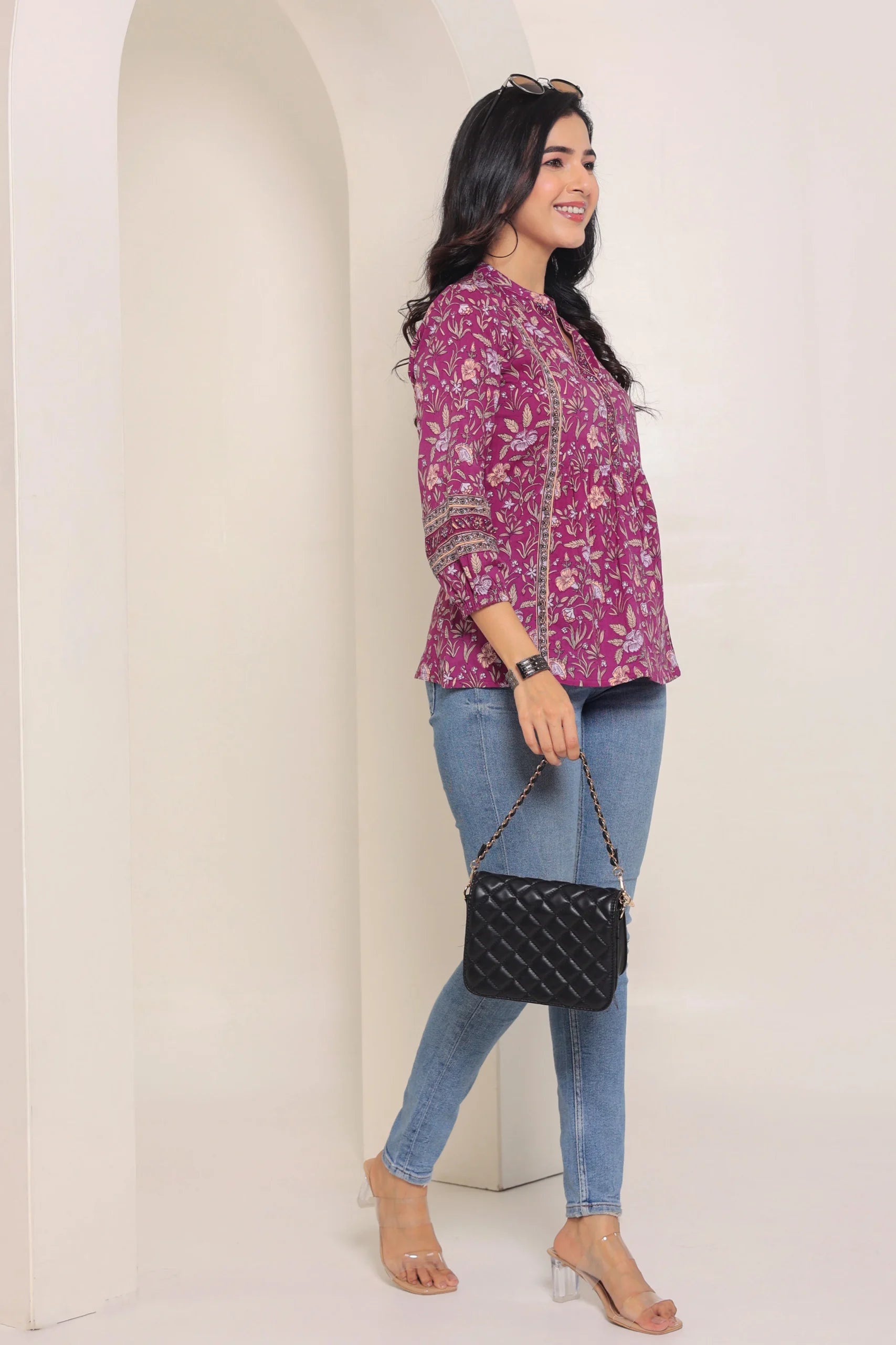 Purple Print Mandarin Collar Empire Pure Cotton Longline Top
