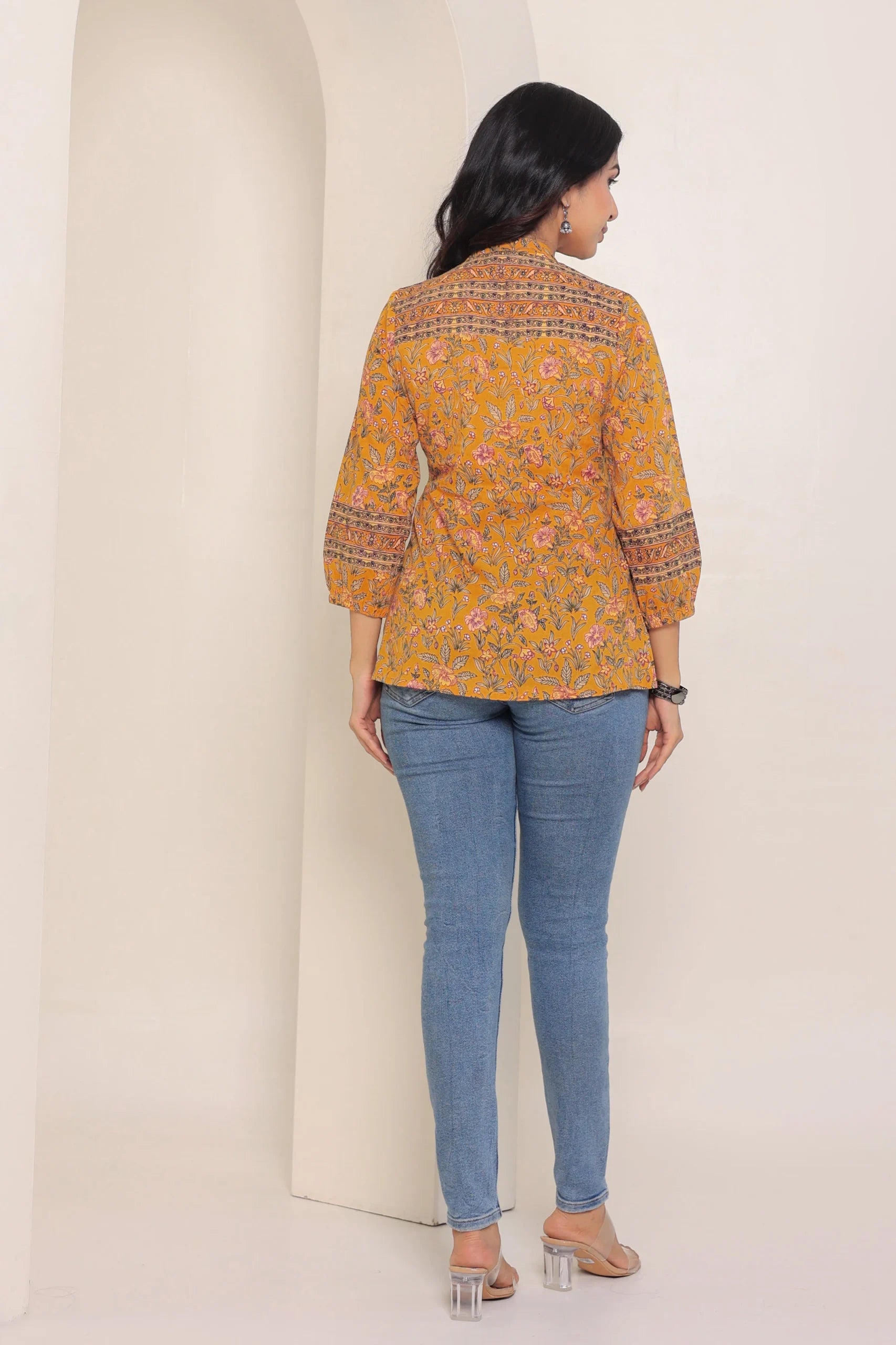 Mustard Print Mandarin Collar Empire Pure Cotton Longline Top