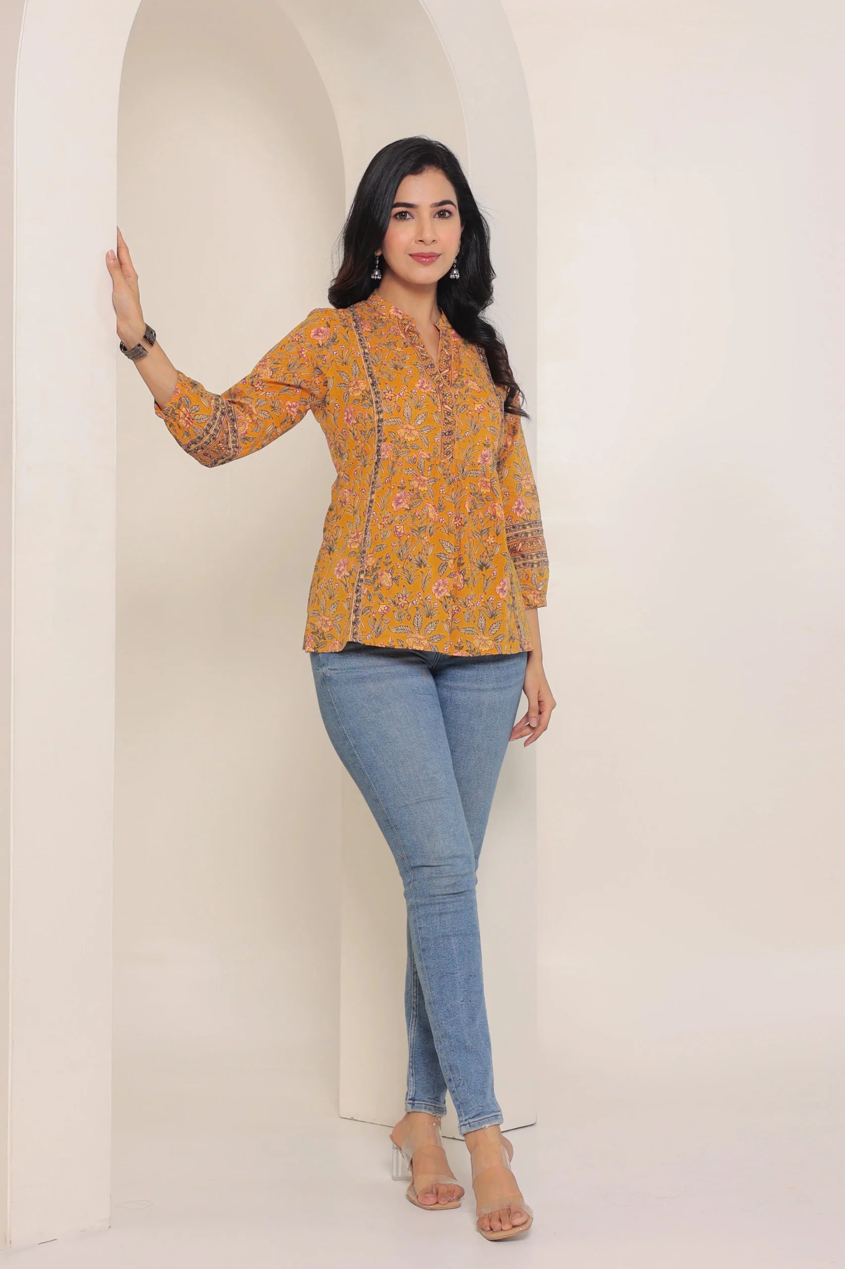 Mustard Print Mandarin Collar Empire Pure Cotton Longline Top