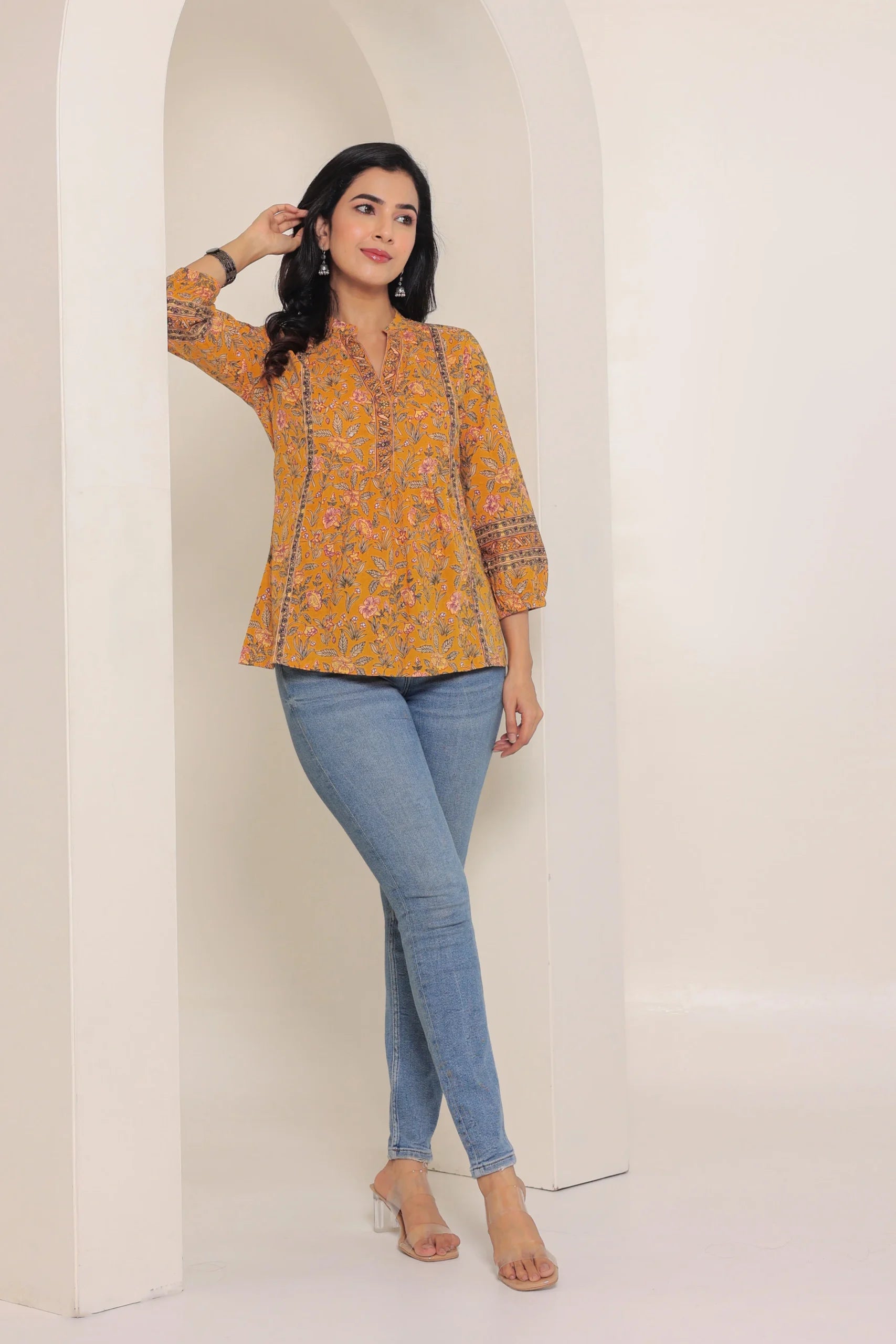 Mustard Print Mandarin Collar Empire Pure Cotton Longline Top