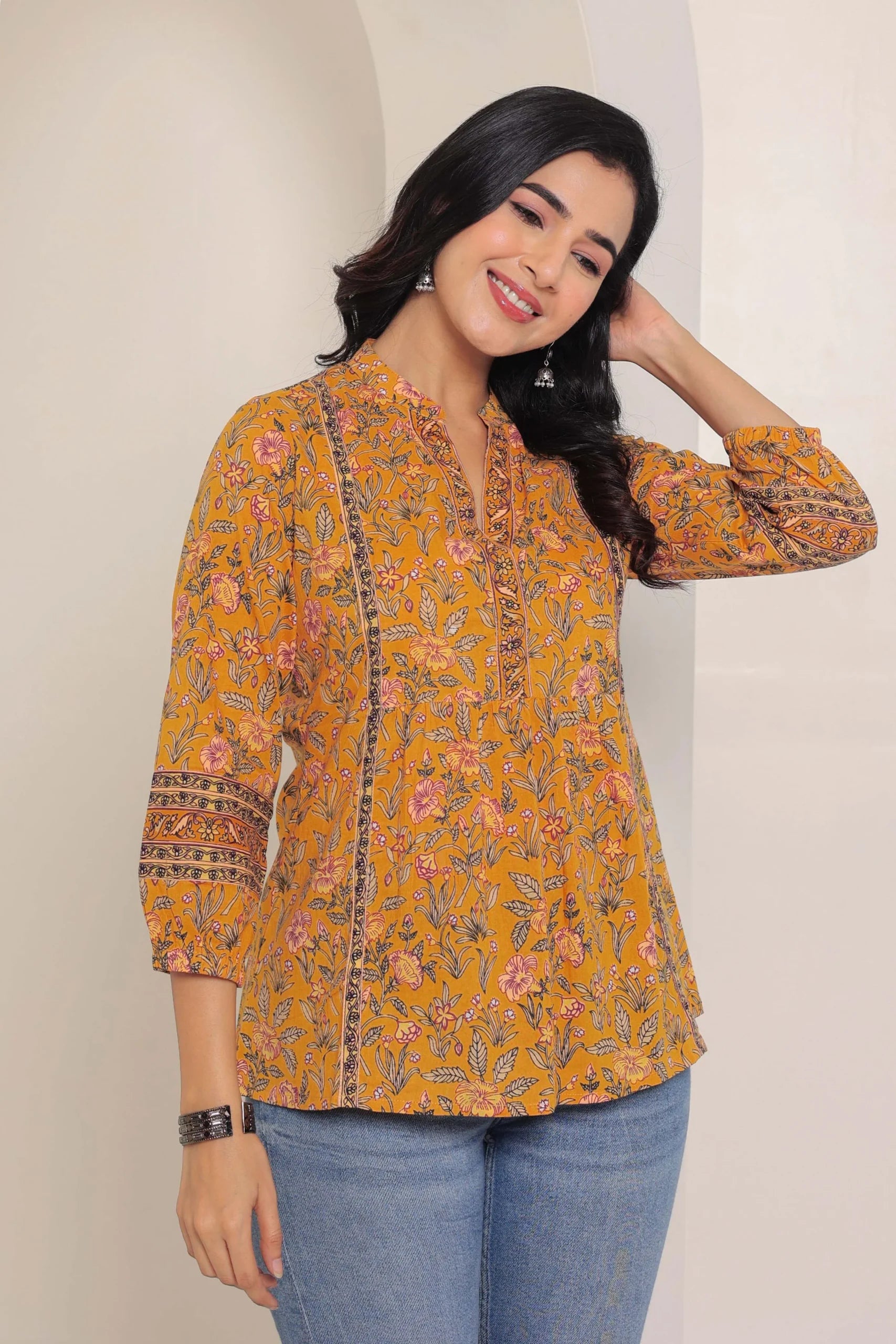 Mustard Print Mandarin Collar Empire Pure Cotton Longline Top