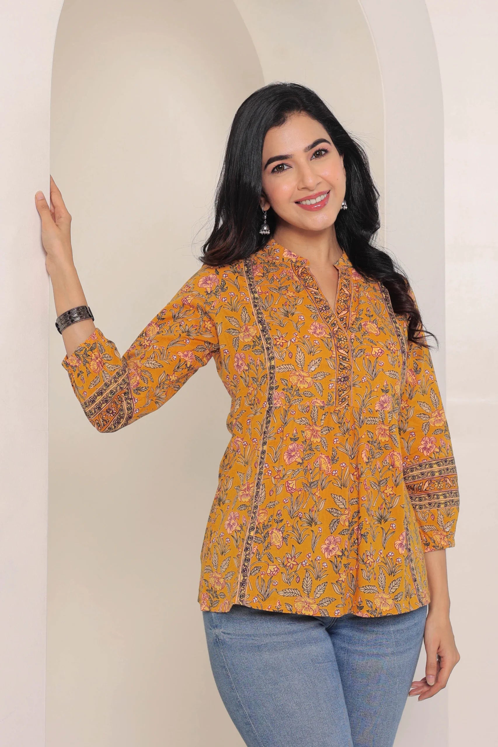 Mustard Print Mandarin Collar Empire Pure Cotton Longline Top