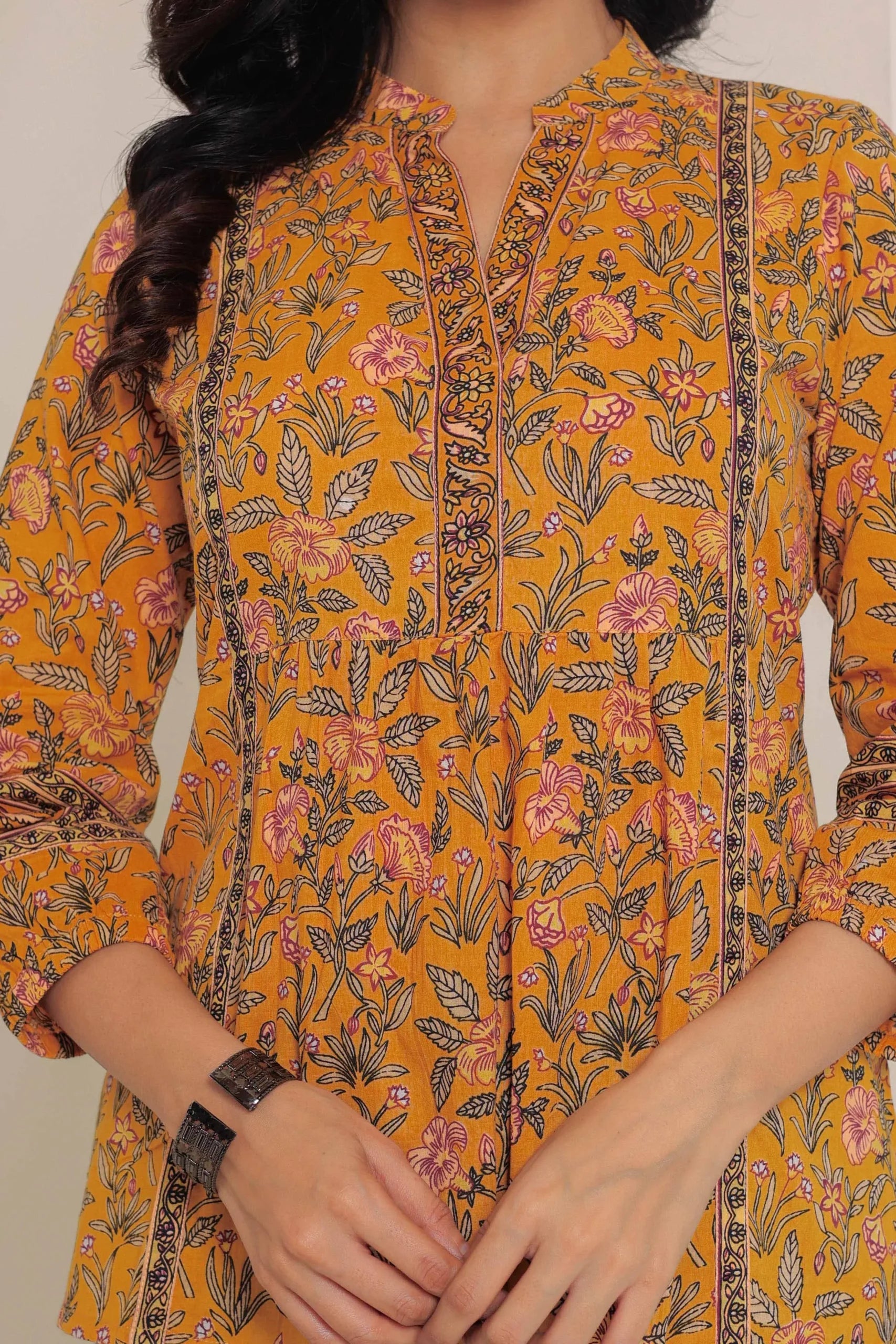 Mustard Print Mandarin Collar Empire Pure Cotton Longline Top