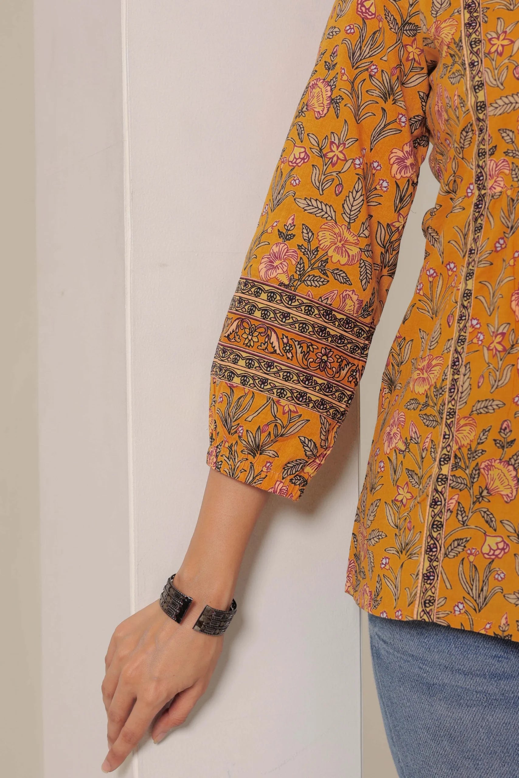 Mustard Print Mandarin Collar Empire Pure Cotton Longline Top