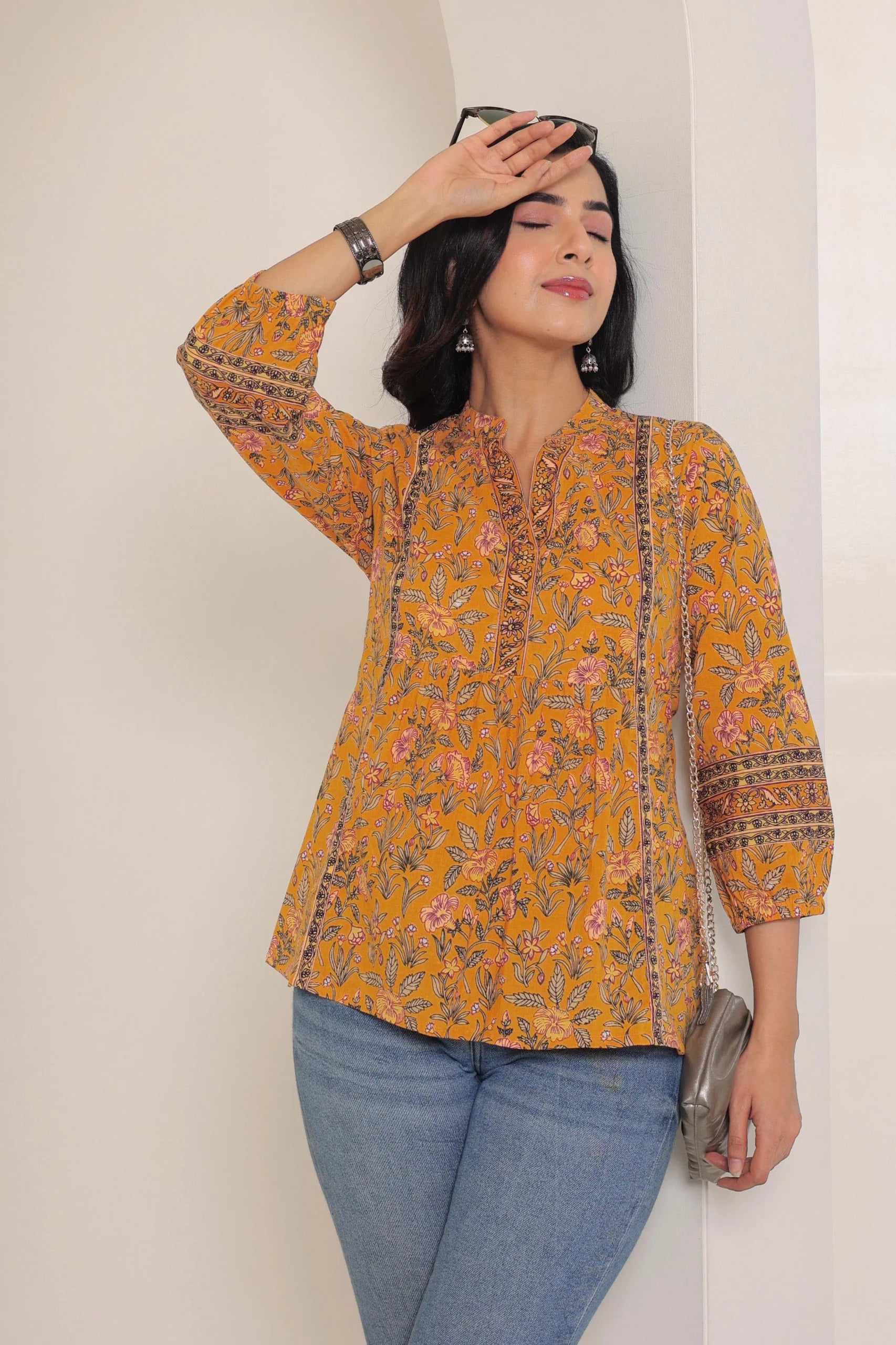 Mustard Print Mandarin Collar Empire Pure Cotton Longline Top